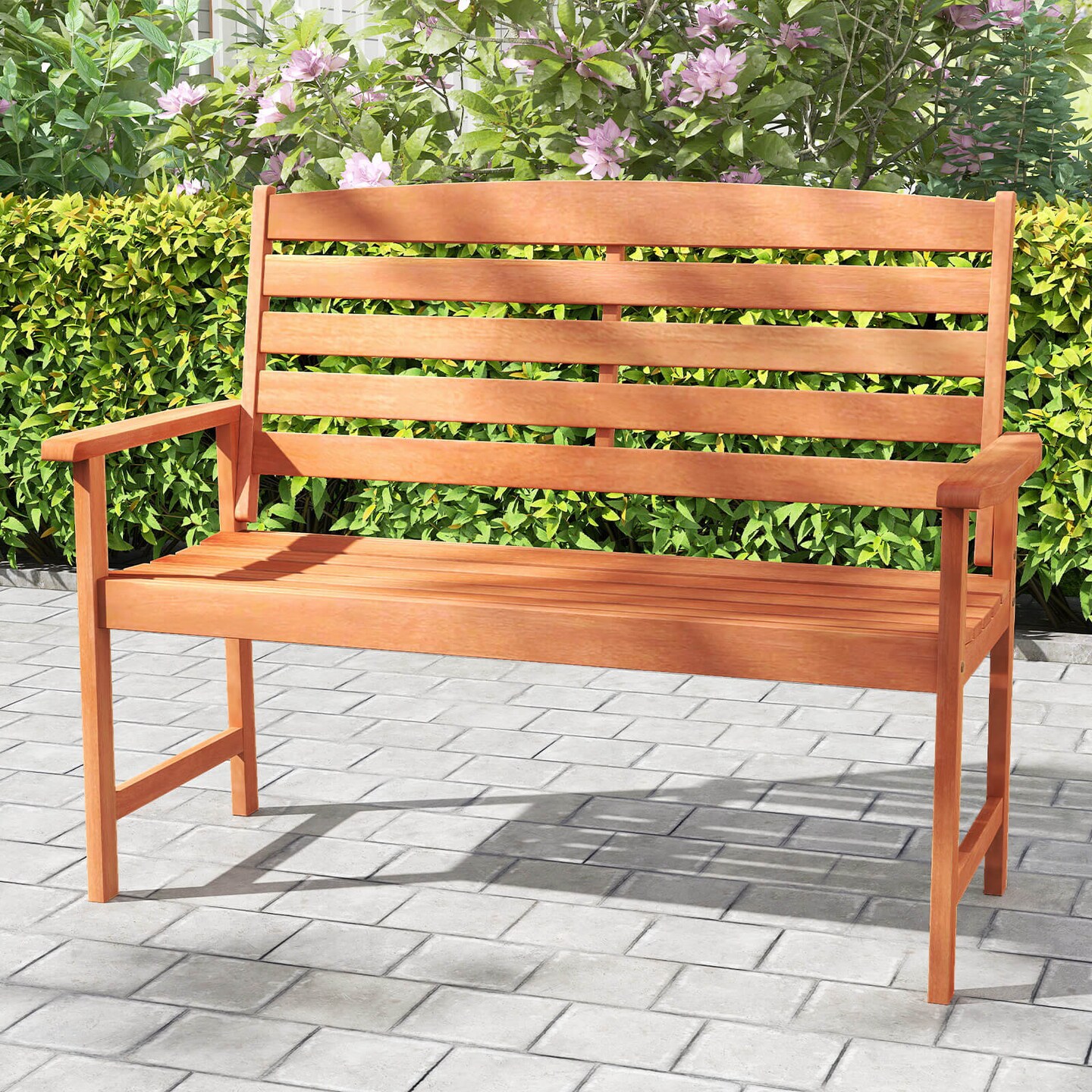 Costway Wooden Garden Bench 2-Person Patio Loveseat with Slatted Backrest Natural