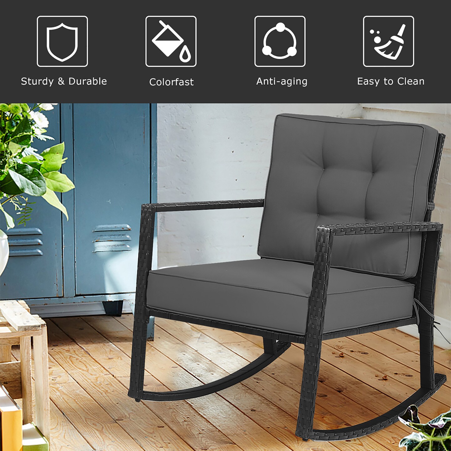 Costway Patio Rattan Rocker Chair Outdoor Glider Rocking Chair Cushion Lawn Navy\Black\Grey