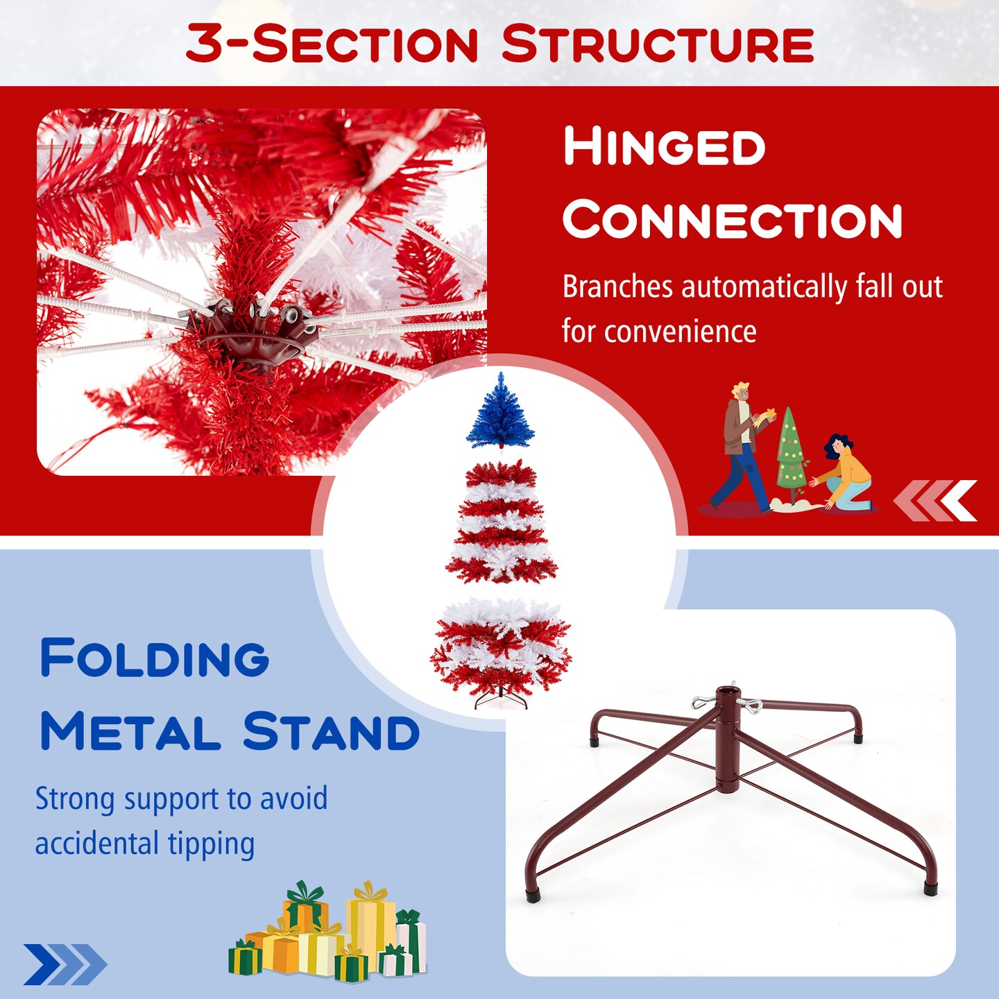 Costway 7.5 FT Patriotic Pre-Lit Artificial Christmas Tree with 1341 Branch Tips 480 Lights