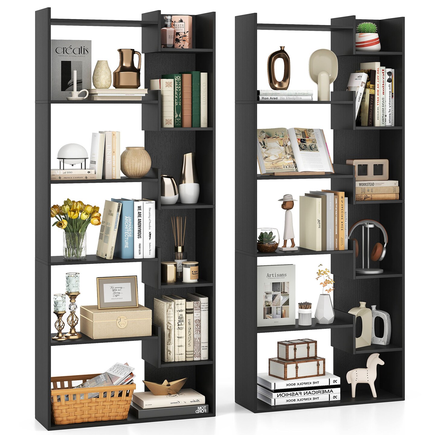 Costway 1/2 PCS 6-tier Bookshelf Tall Display Shelf with 11 Open Shelves 2 Anti-tipping Kits Black/Natural/White