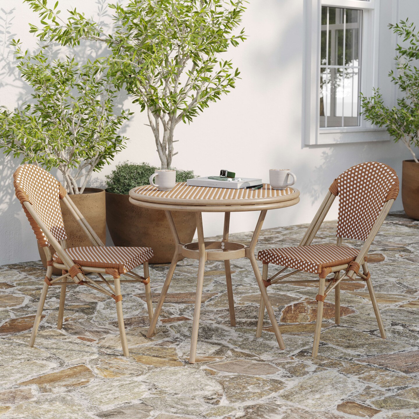 Merrick Lane Celia Bistro Style Table with Tempered Glass Top, PE Rattan, and Bamboo Finished Metal Frame for Indoor/Outdoor Use