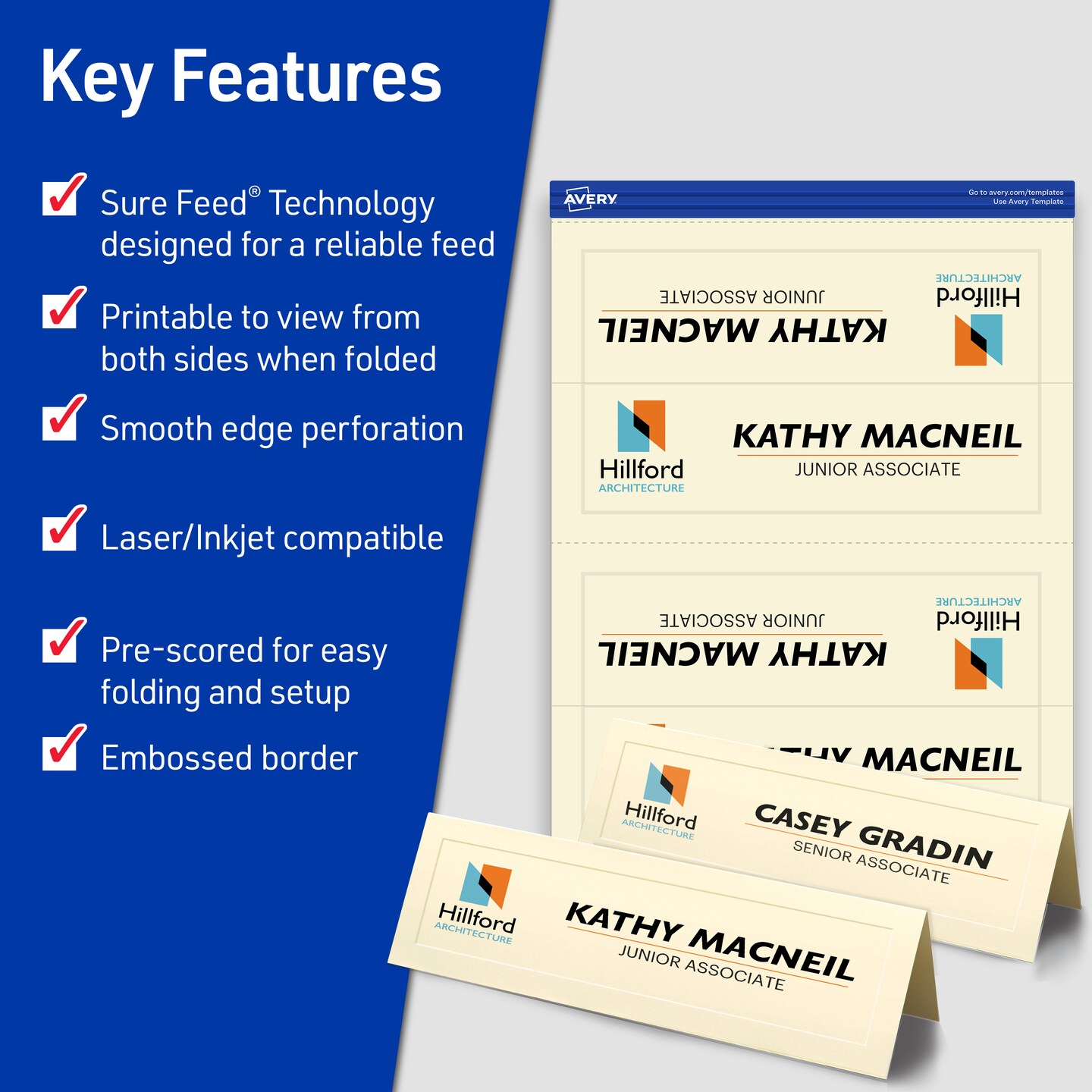 Avery Printable Tent Cards with Sure Feed Technology, 2.5" x 8.5", Ivory with Embossed Border, 100 Blank Place Cards (5914)