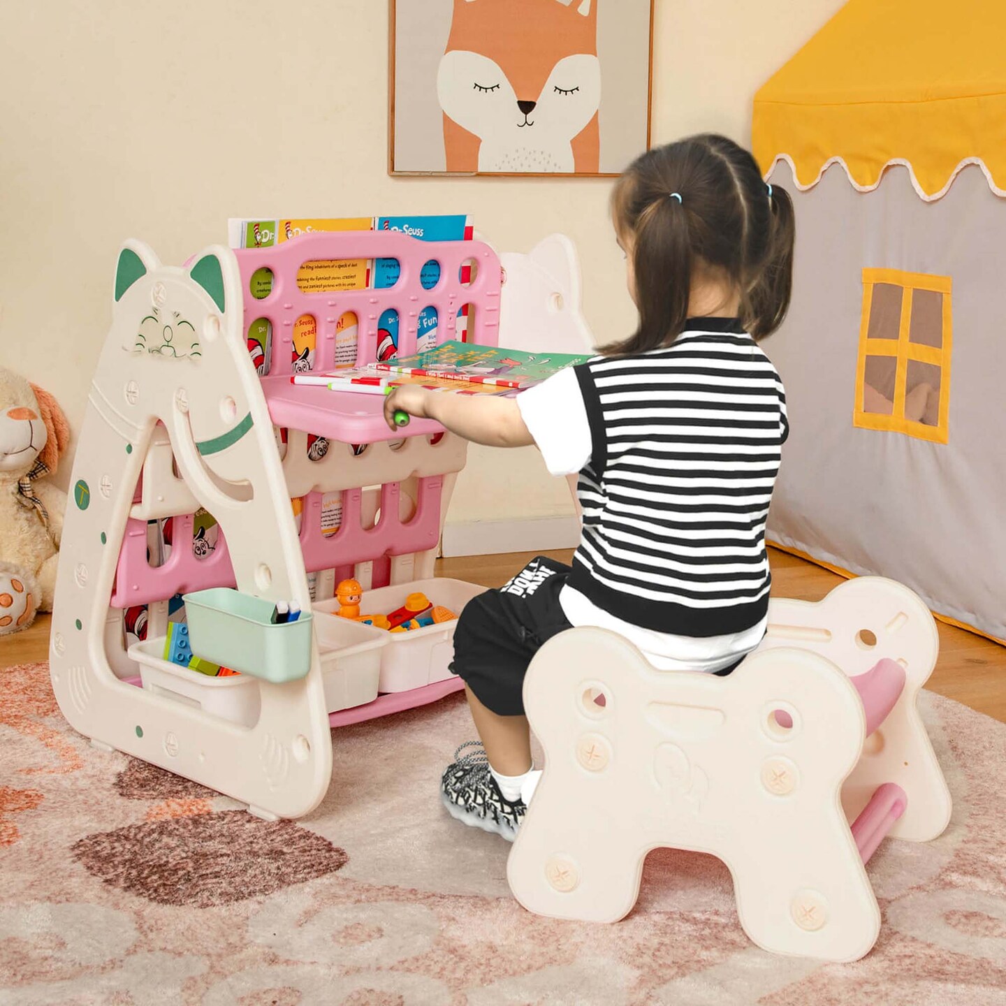 Costway 3-In-1 Kids Art Easel with Stool Magnetic Dry-Erase Board with Book Rack Blue/Green/Pink