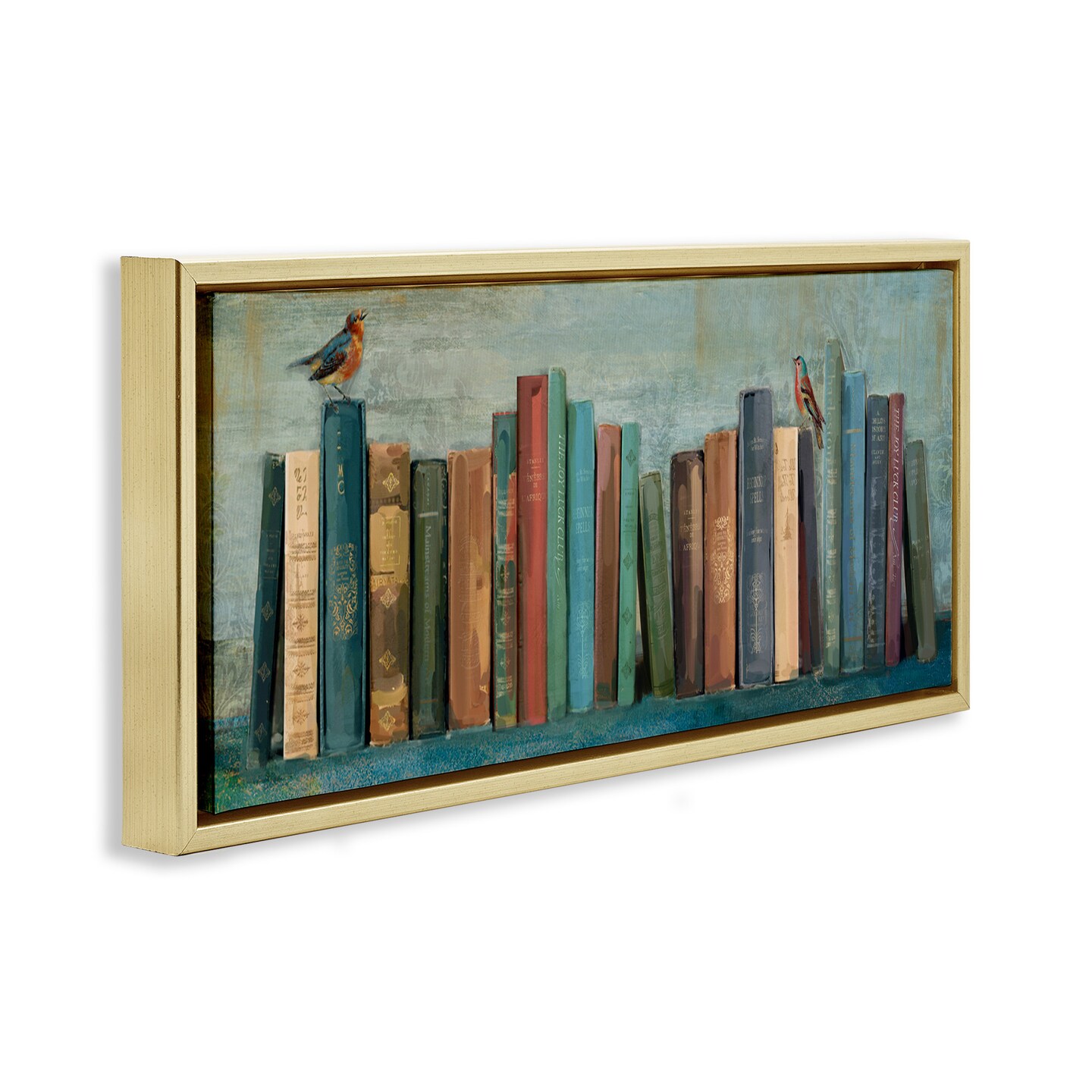 Stupell Industries Books And Birds Bookshelf Painting Framed Floater Canvas Wall Art