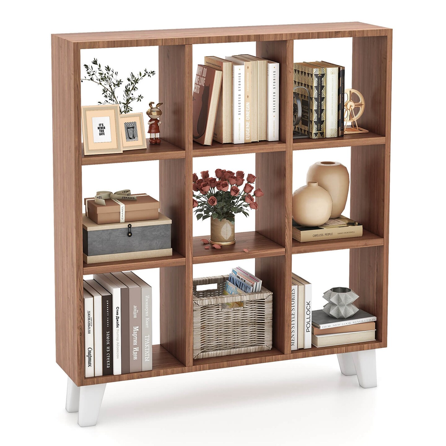 Costway 1 PCS 9-Cube Bookcase with 6 Removable Shelves Raised Support Feet for Living Room Brown/White