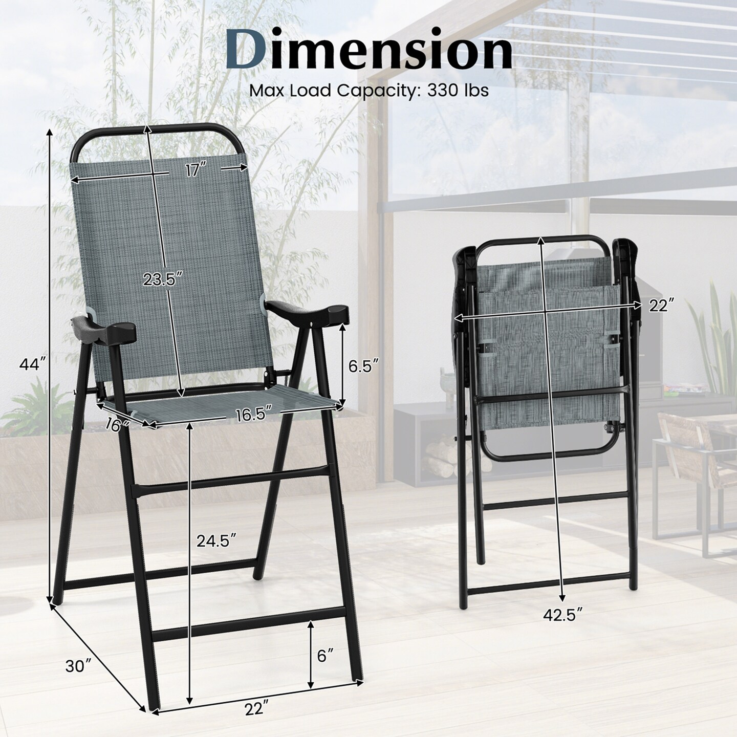 Costway 2 PCS Patio Bar Chair Folding Bar Height Metal Frame with Footrest Garden Blue/Coffee