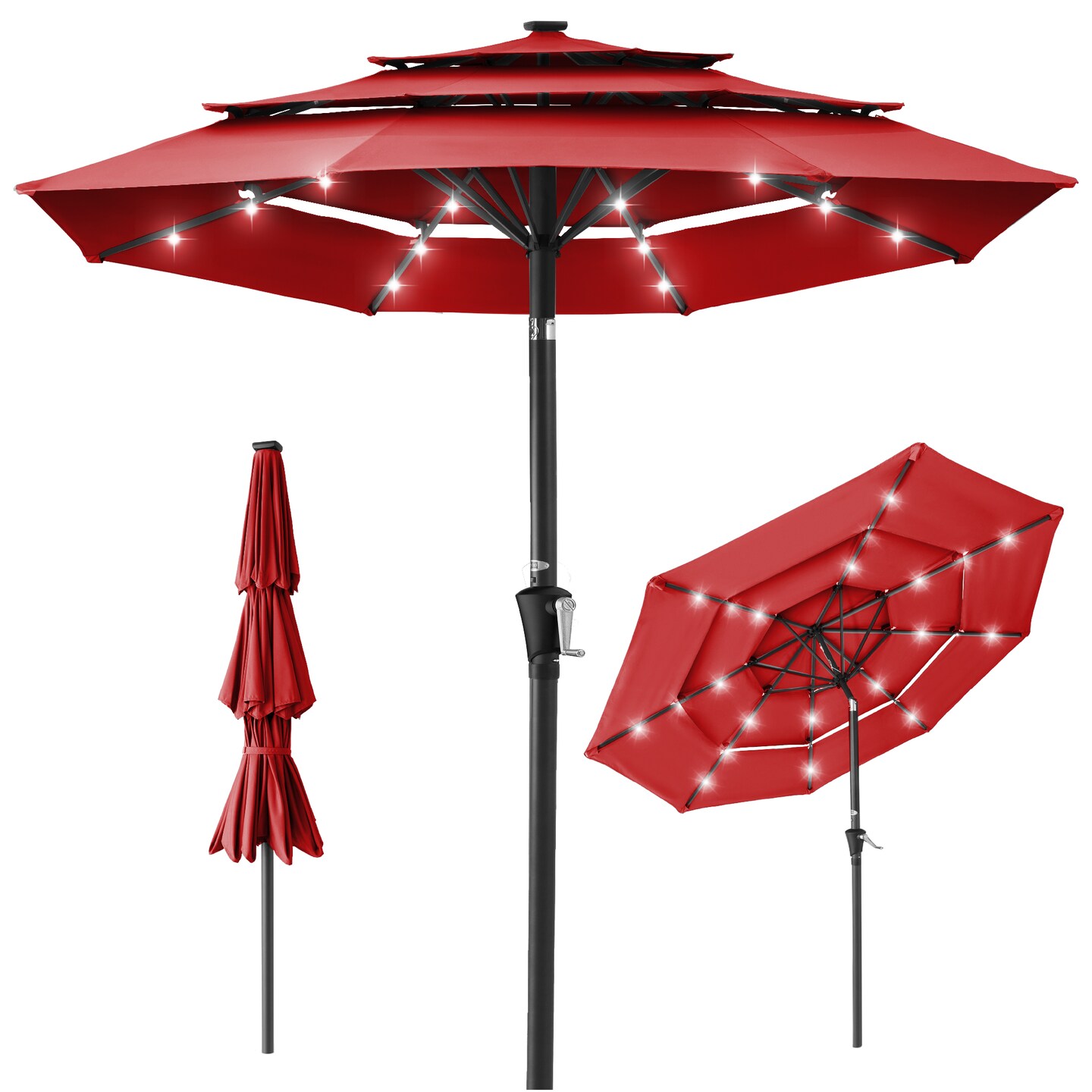 Best Choice Products 10ft 3-Tier Solar Patio Umbrella w/ 24 LED Lights, Tilt Adjustment, Easy Crank