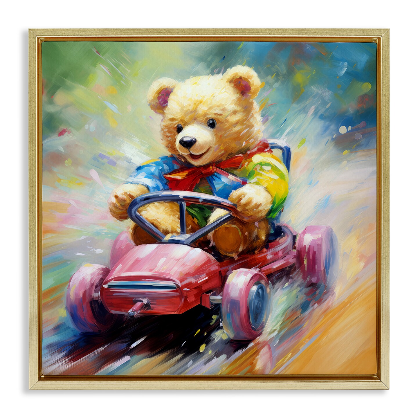 Stupell Industries Teddy Bear on Go Kart Framed Floater Canvas Wall Art