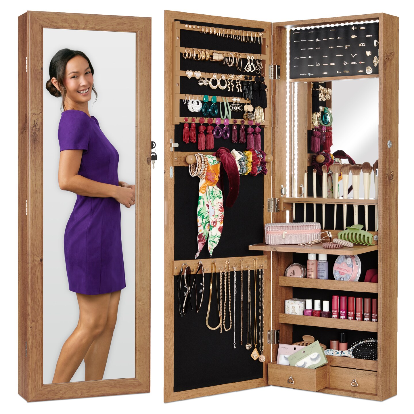 Best Choice Products Hanging Mirror Jewelry Armoire, Door or Wall Mounted Cabinet w/ LED Lights, Lock