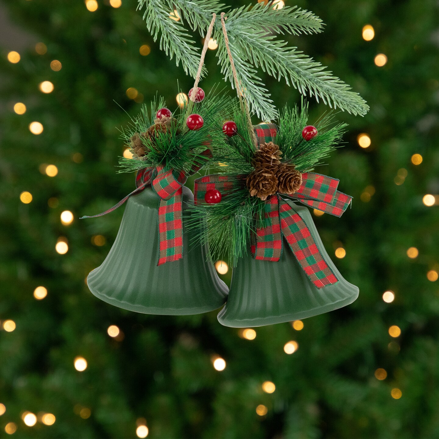 Northlight Christmas Bells with Pinecones and Plaid Bow Ornaments - 7&#x22; - Green - Set of 2