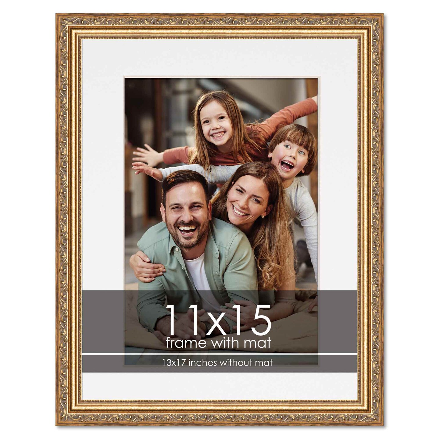 Antique Gold Frame with White Photo Mat, UV Acrylic Front, Foam Board Backing, 60 Sizes Available