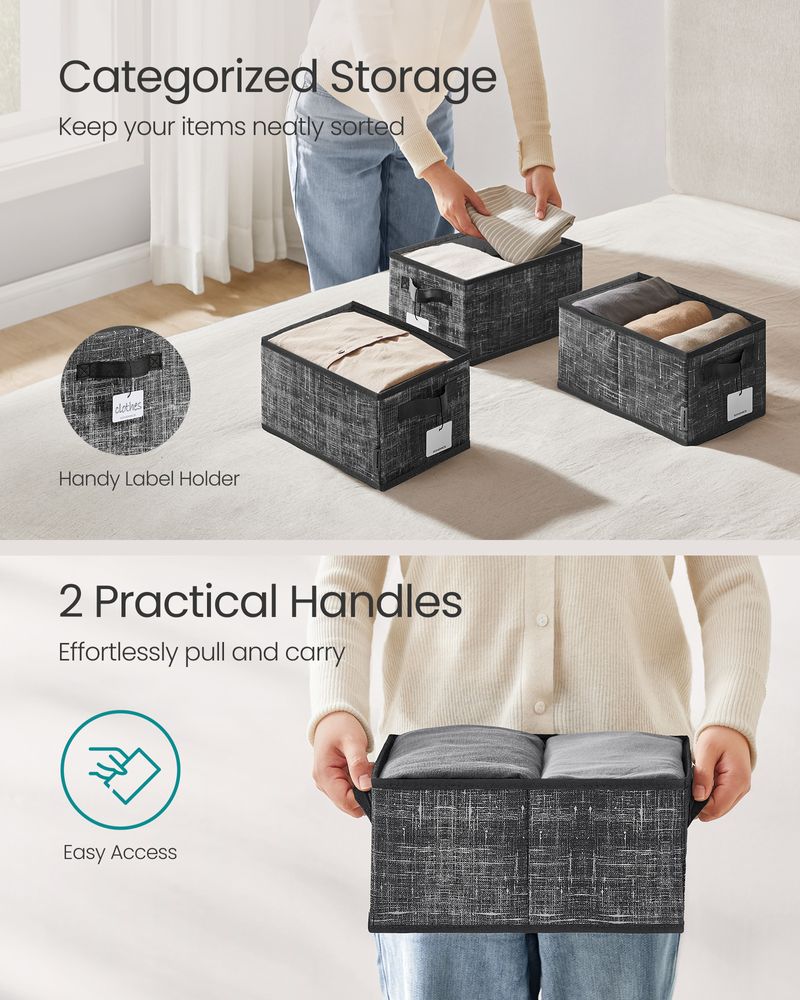 Non-Woven Fabric & PP Plastic Storage Bins Set of 3, Foldable Closet Organizer Baskets with Label Holders, Dual Side Handles, Multipurpose Space-Saving Home Storage Containers