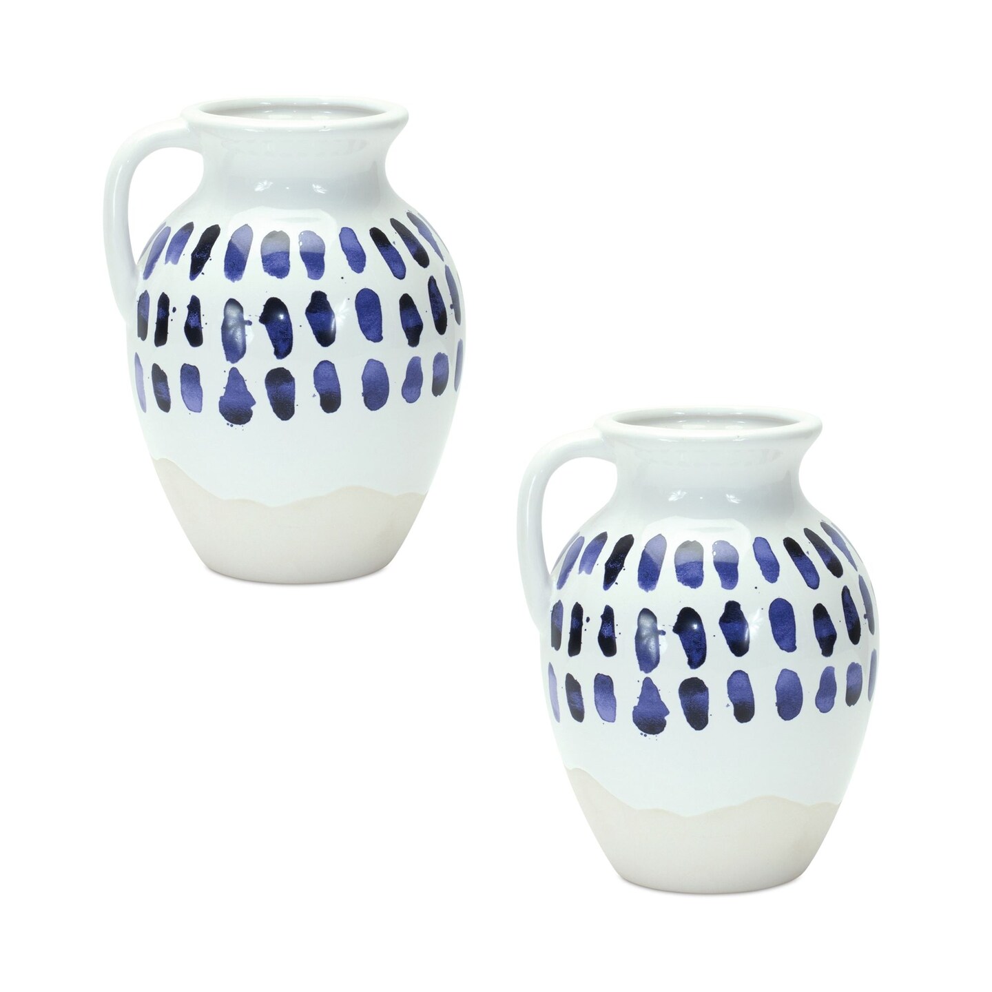 Melrose Abstract Two-Tone Ceramic Pitcher Vases - 8" - White and Blue - Set of 2