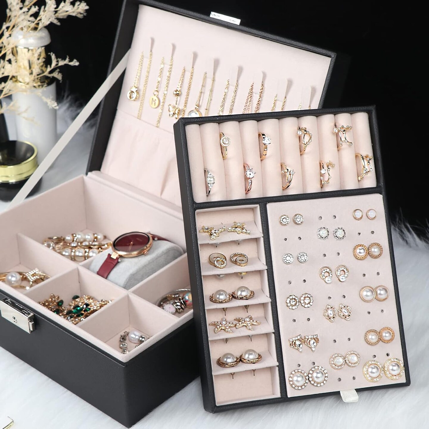Jewelry Box for Women Girls, 2 Layers Jewelry Organizer Container with Lock, PU Leather Storage Case with Removable Tray, Jewelry Storage Box for Necklaces Earrings Bracelets Rings Watches - Black