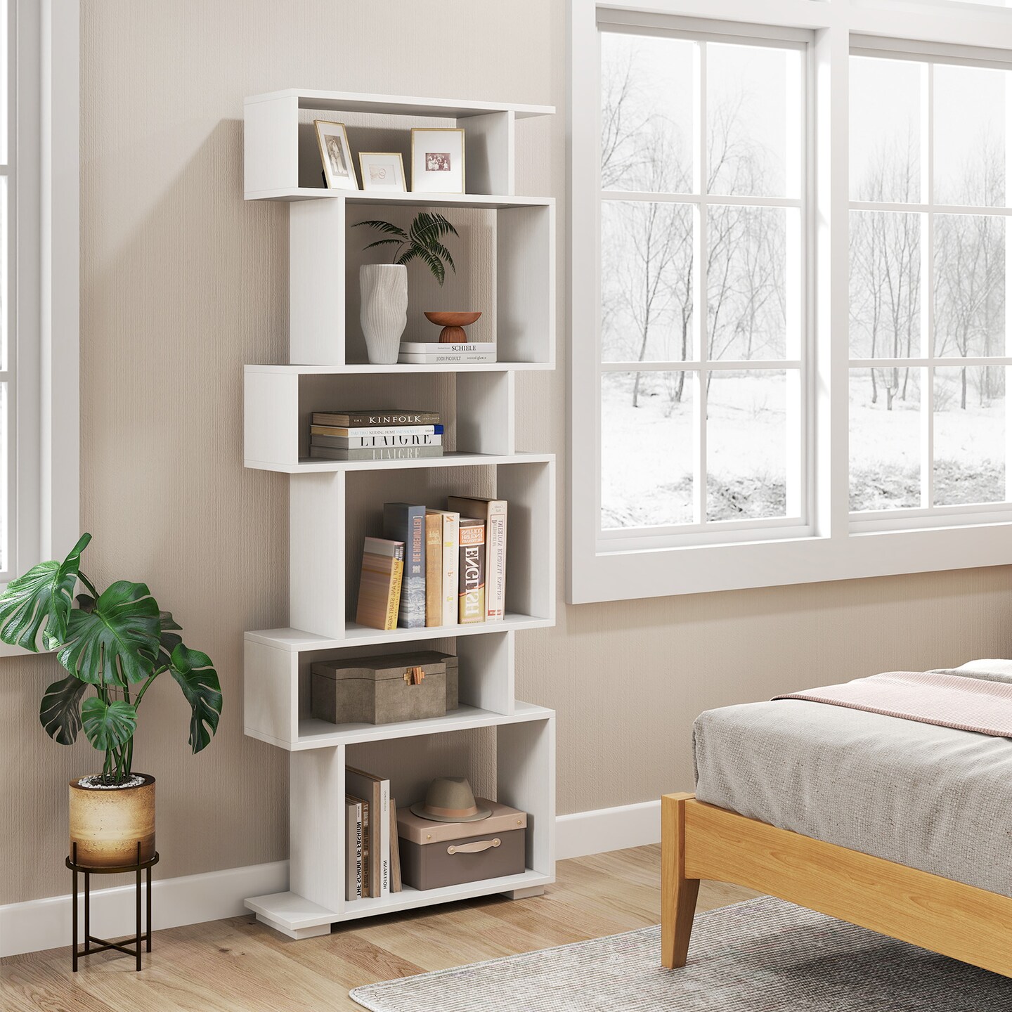 6-Tier Modern Wooden Bookshelf with Geometric S-Shape Design Bedroom or Living Room
