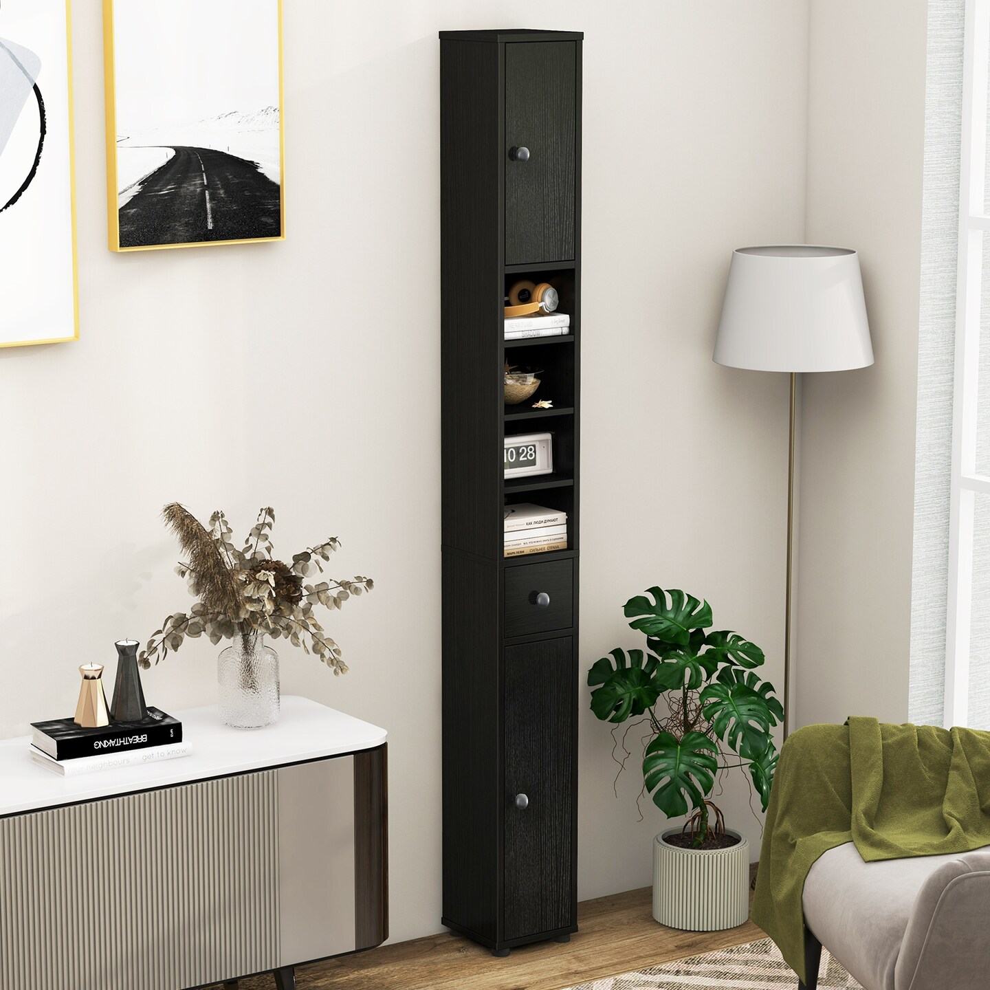 Freestanding Tall Storage Cabinet with Adjustable Shelves