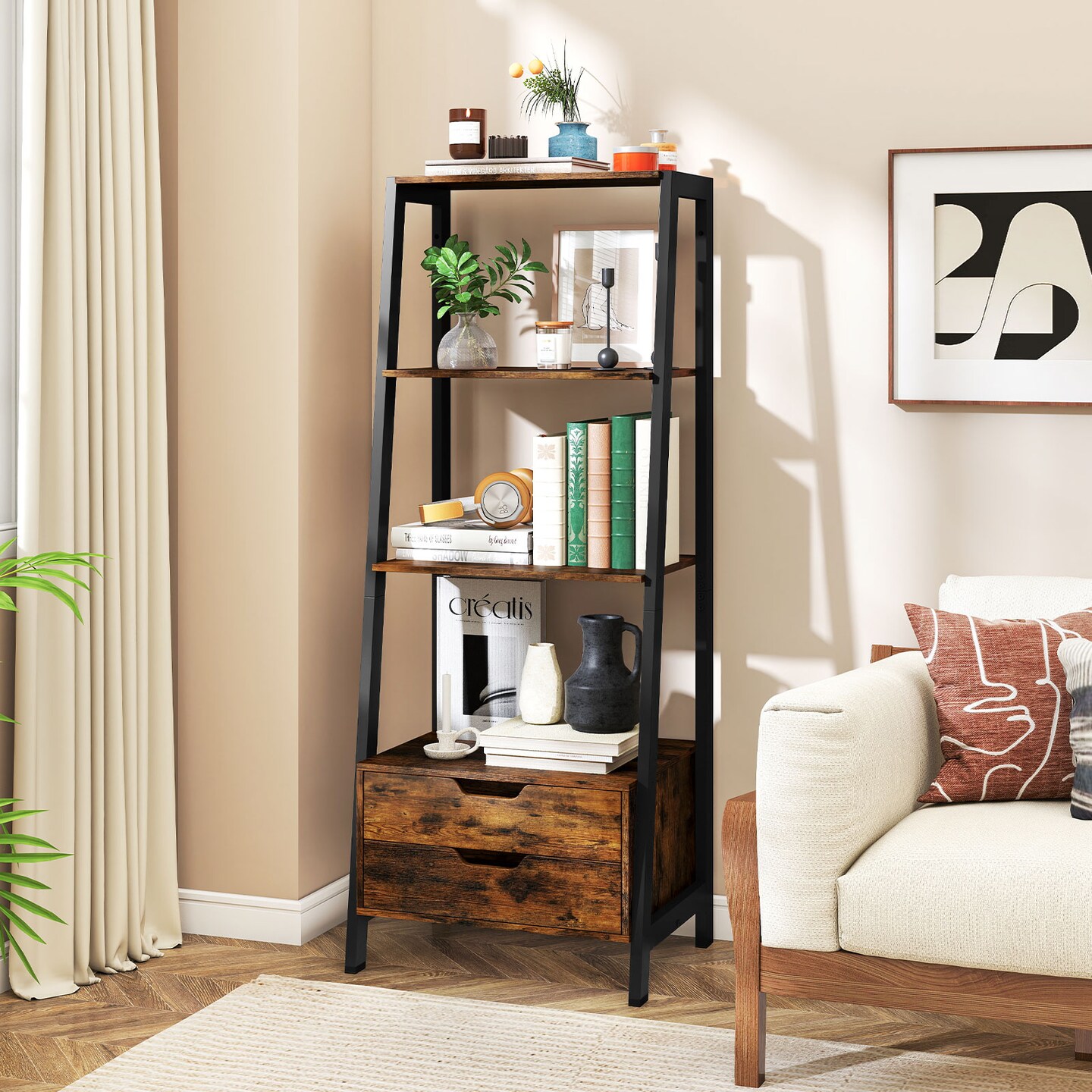 Modern 4-Shelf Ladder Bookcase with Drawers and Sturdy Metal Frame for Living Room or Kitchen