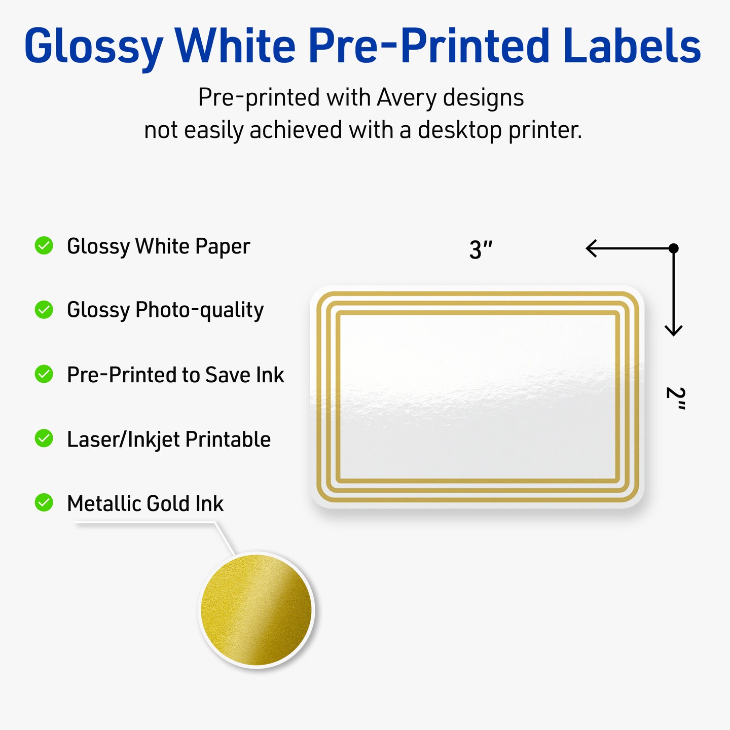 Avery Printable Rectangle Labels, Gold Multi-Lined Border, 2" x 3", Glossy White Rectangle Labels, Permanent, Laser/Inkjet, 80ct, Great for Product Labels