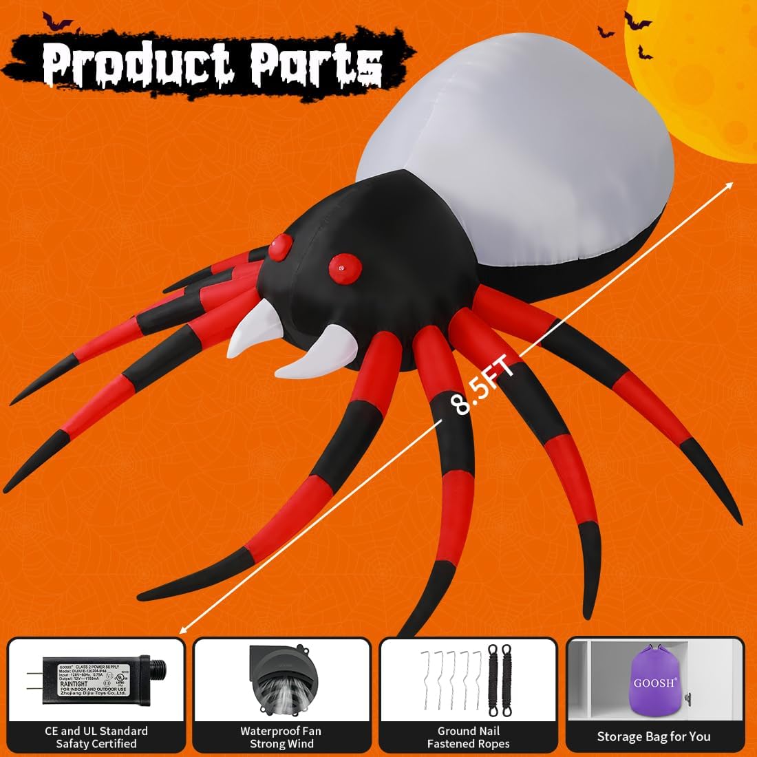 GOOSH 5 FT Width Halloween Inflatable Spider Decoration with Magic Light, Blow Up Yard Inflatable