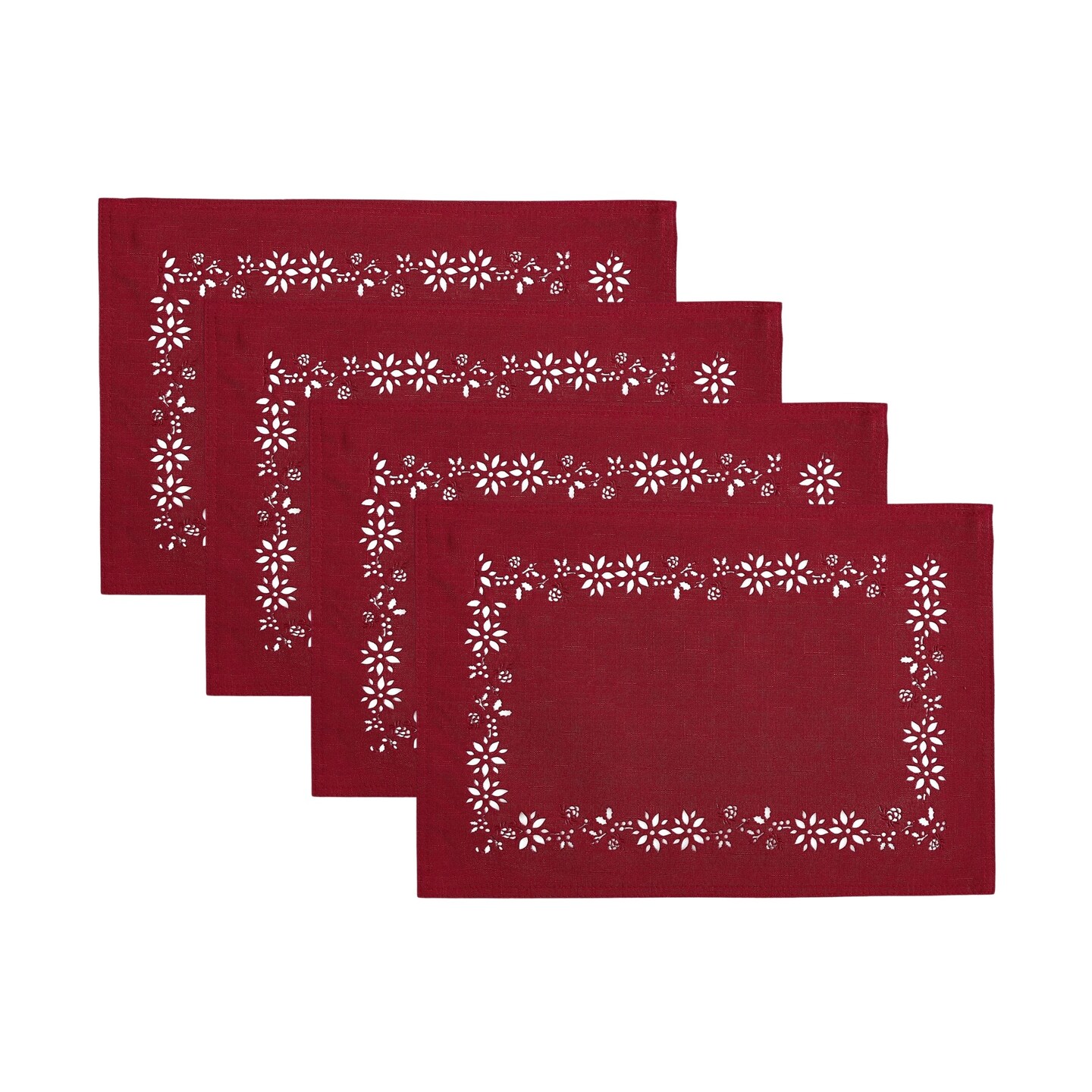 Threadmade Home Poinsettia Noel Laser Cut Placemats, Set of 4, Red - 13"W x 19"L