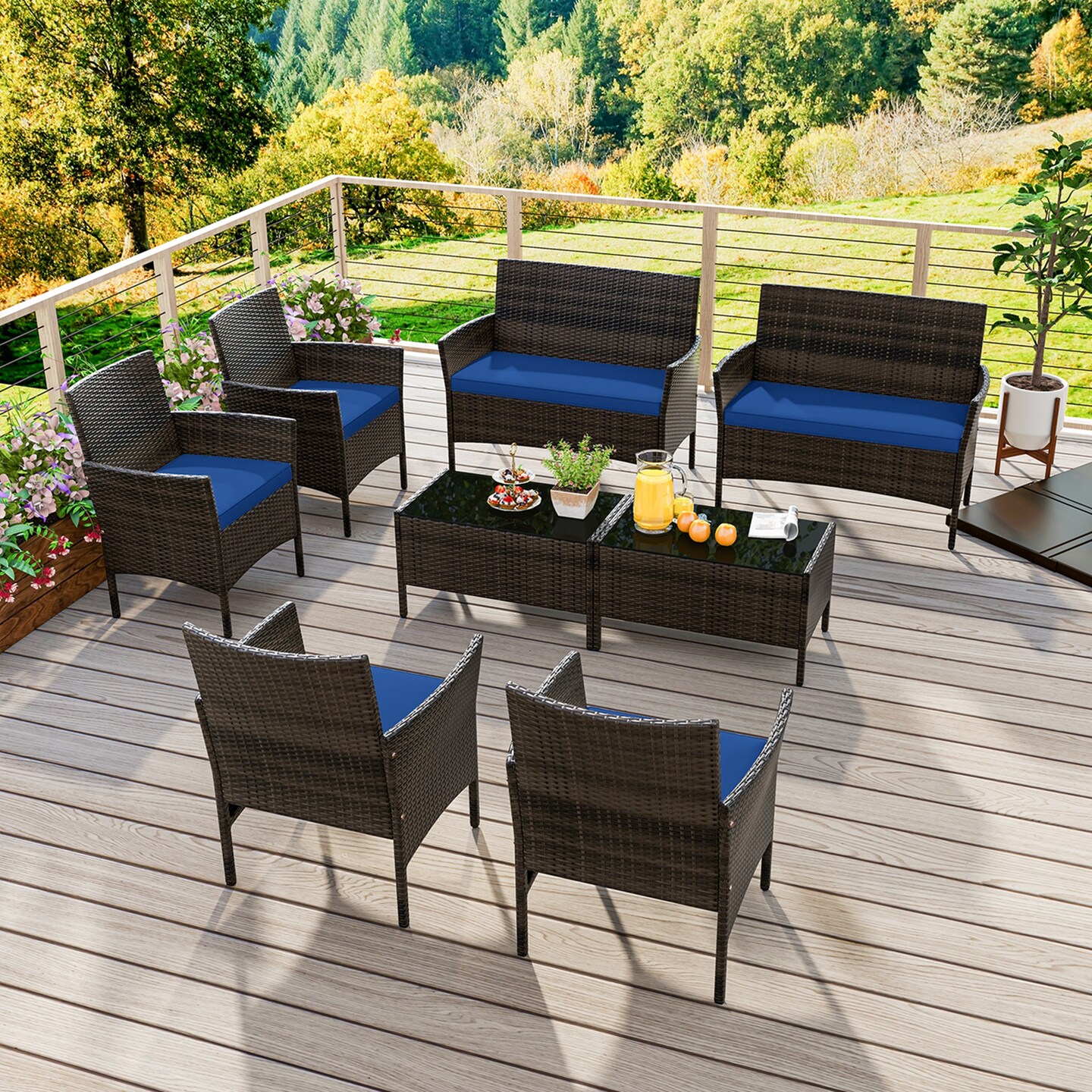 Costway 8 PCS Patio Furniture Set with Washable Cushions and Tempered Glass Coffee Table Black/Grey/Navy/Turquoise/Red/Blue/Orange