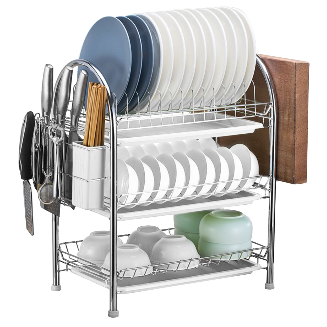 3-Tier Dish Drying Rack High-Carbon Steel With Drain Trays Utensil Holder White Silver