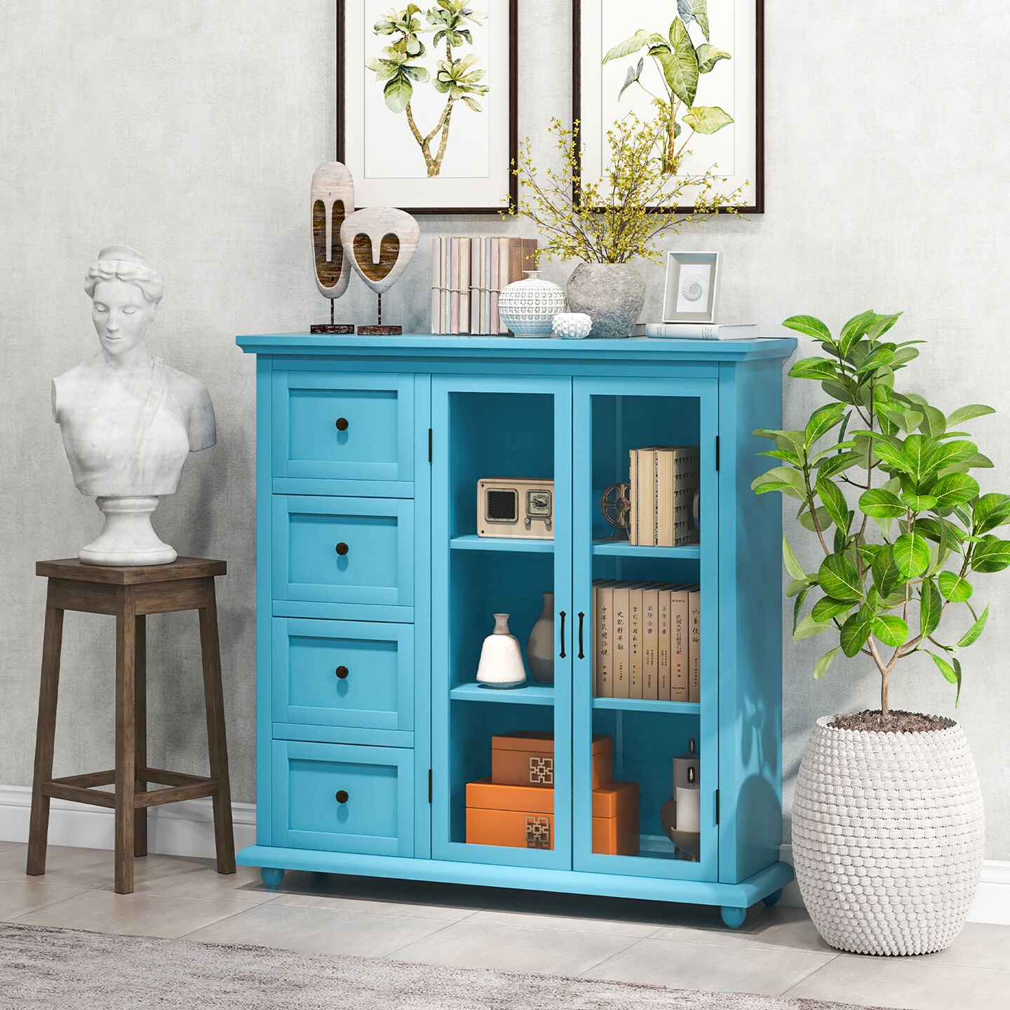 Costway Buffet Sideboard Table Kitchen Storage Cabinet with Drawers &#x26; Doors Blue/White/Green
