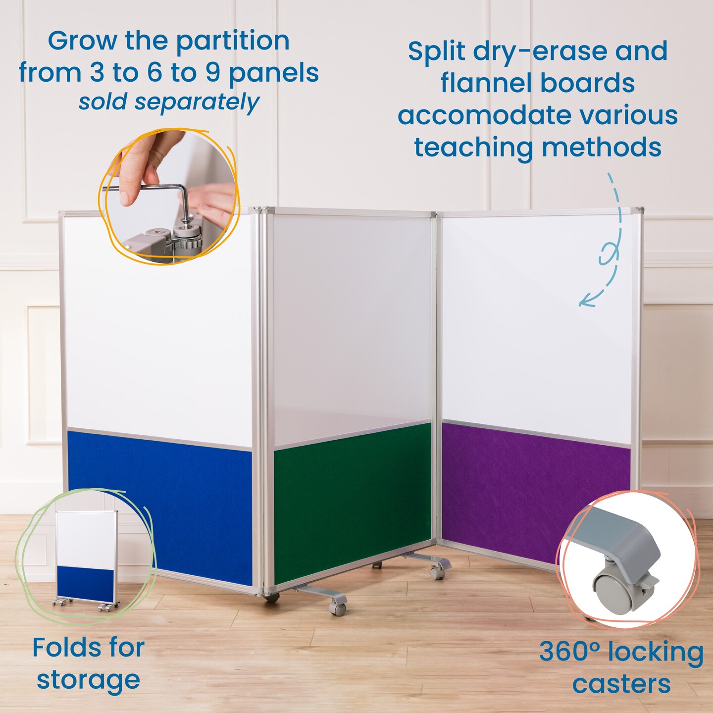 Mobile Dry-Erase and Flannel Split Room Divider, 3-Panel, School Supplies