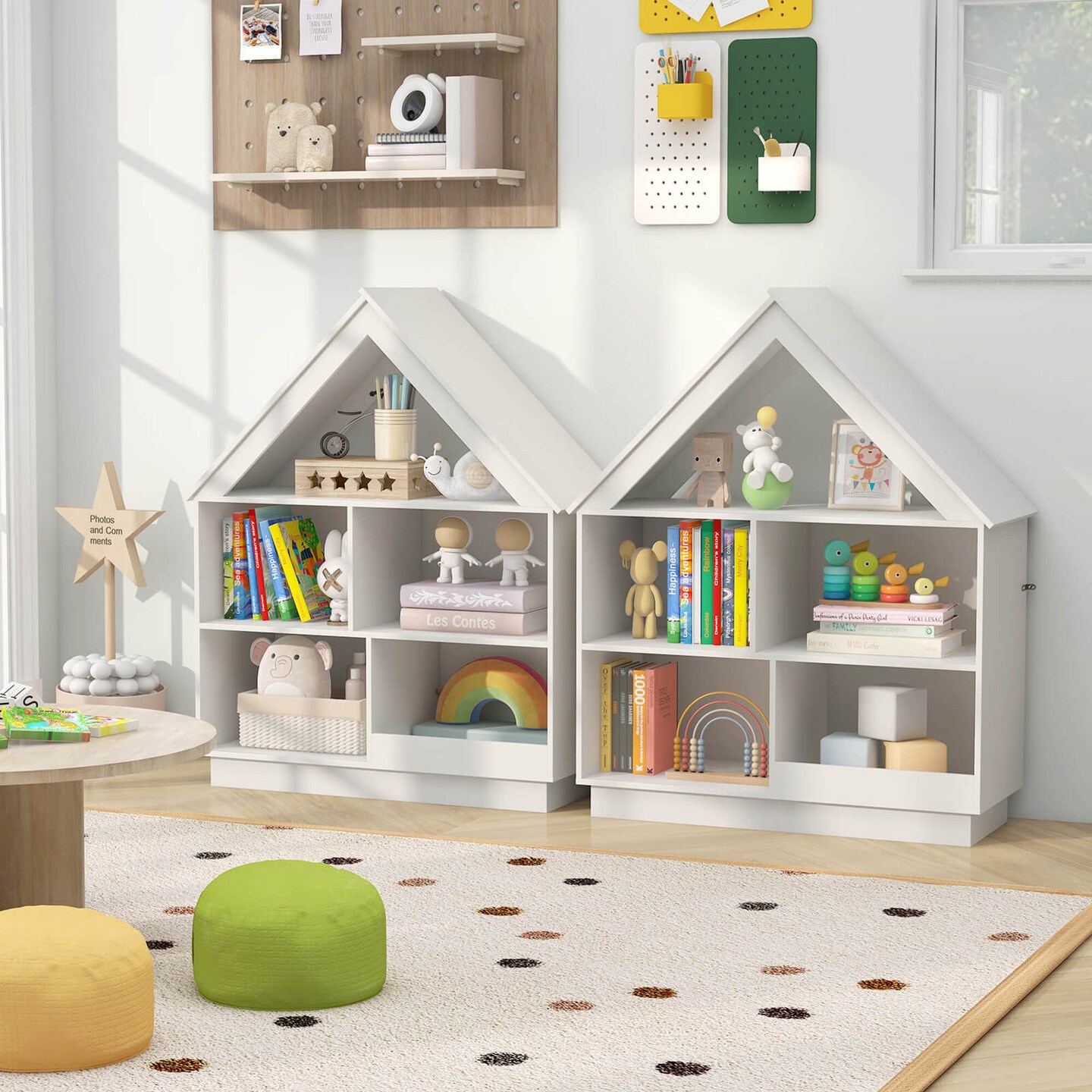 Costway Wooden Kids Dollhouse Bookshelf with Open Shelves Anti-toppling System Bookcase White/Brown