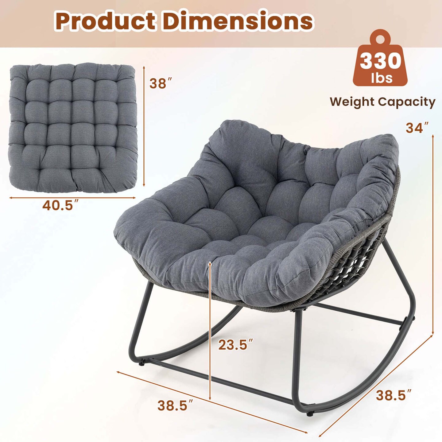 Costway 1/2 PCS Outdoor Rocking Chair Oversized Patio PE Wicker Egg Chair Rattan Lounge Chair Gray