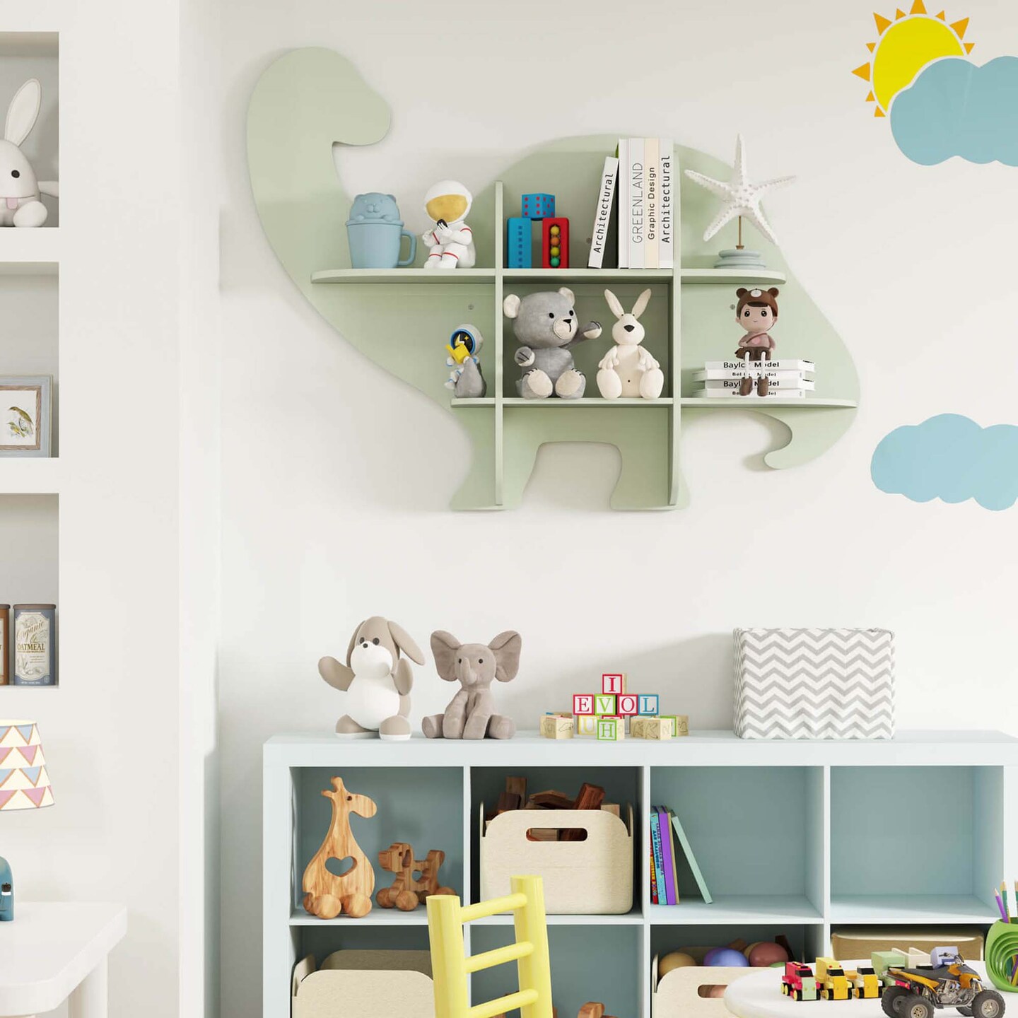 Costway 2-Tier Floating Dinosaur Kids Bookshelf Wall-Mounted Nursery Book Shelf