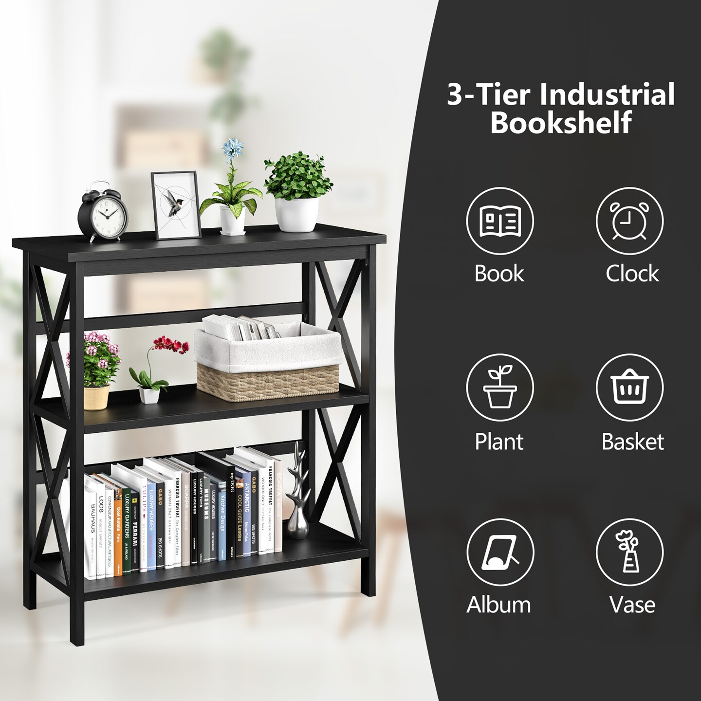 Costway 3-Tier Bookshelf Wooden Open Storage Bookcase for Home Office White\Black\Coffee\Natural