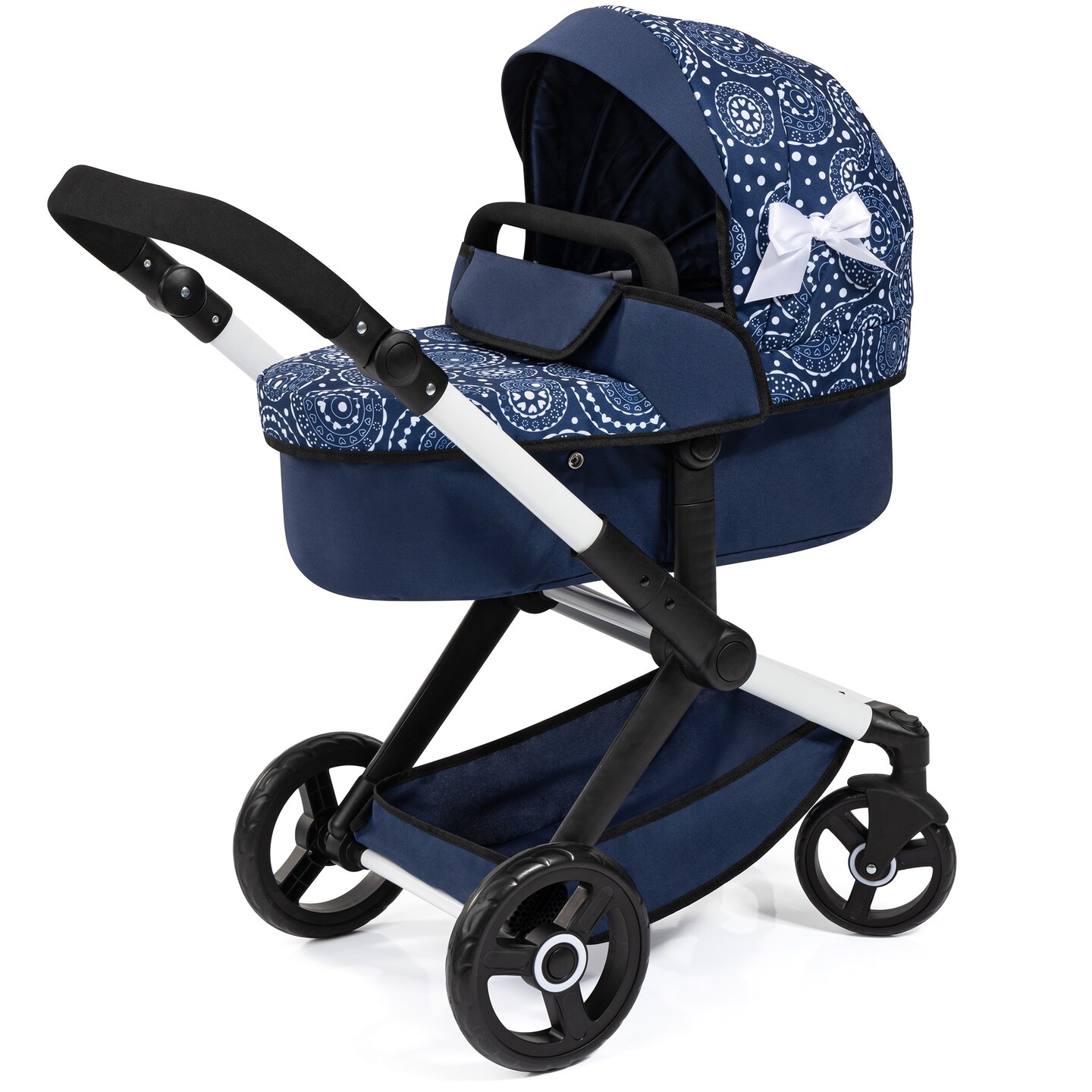 Bayer Design Dolls: Xeo Pram - Blue, White, Circles - Dolls Up To 18&#x22;, Shoulder Bag, Convertible To Pushchair, Adjustable Handle, Foldable, Kid Age 3+