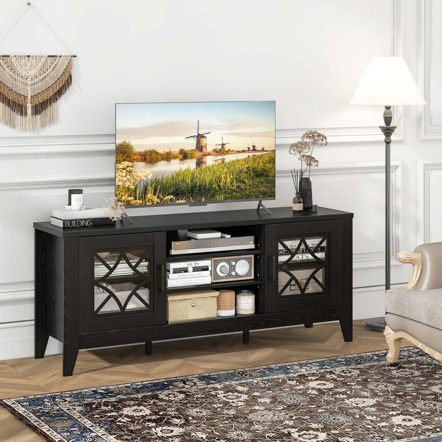 Costway TV Stand for TVs up to 65&#x22; with 3-Position Adjustable Shelves Tempered Glass Doors Black/Teal Blue