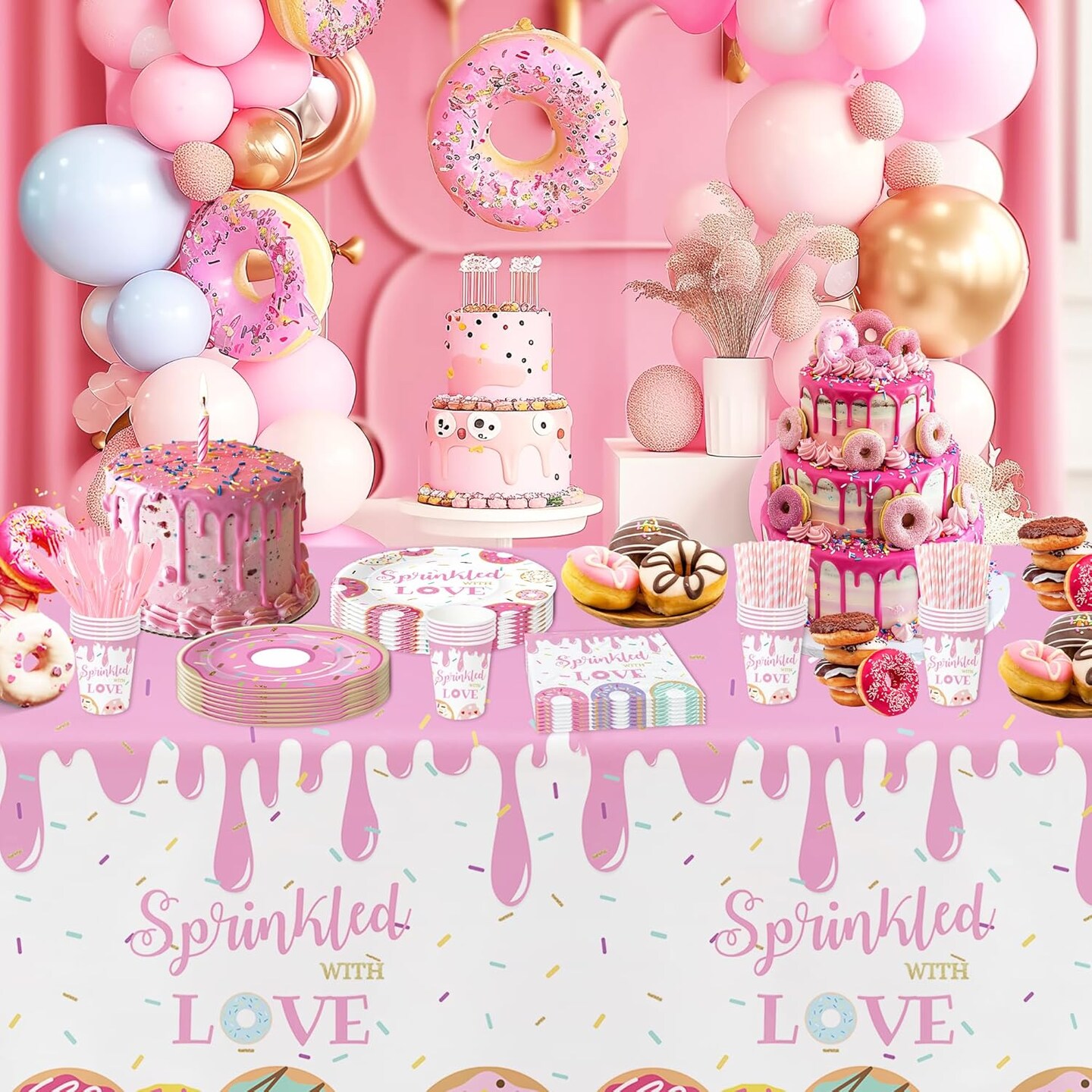 Baby Shower Party Supplies, Paper Plate, Napkin, Cup, Tablecloth, Cutlery, Pink Donut Baby Shower Decorations(Pink)