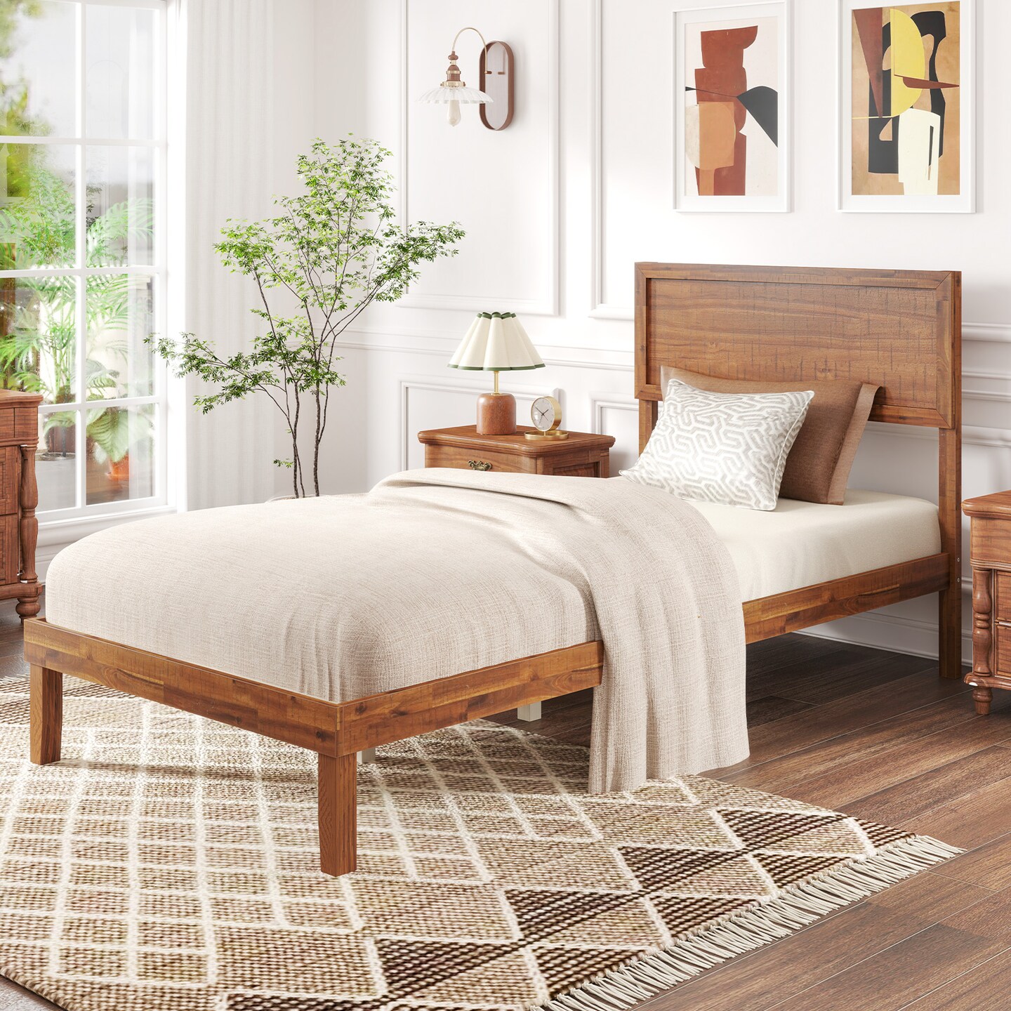 Bed Frame with Headboard and Wooden Slats Support