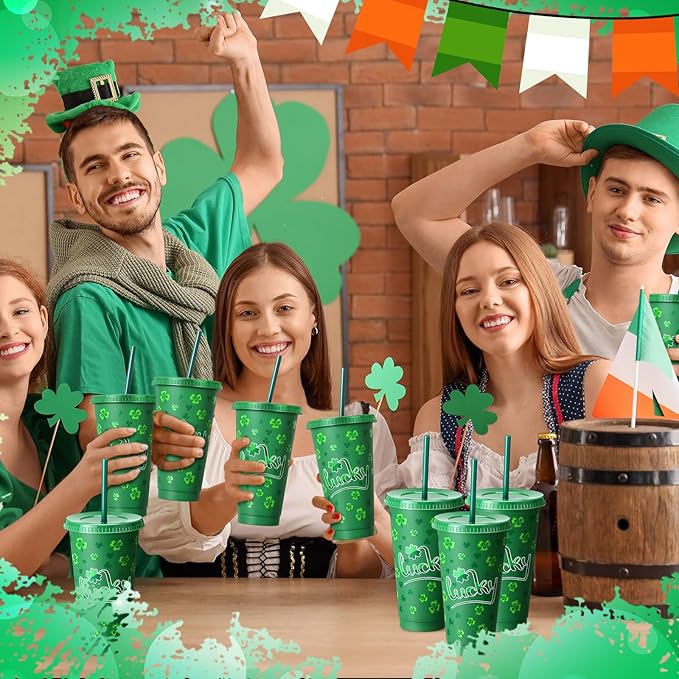 12 Pcs St. Patrick&#x27;s Day Plastic Cups 24 oz Reusable Irish Shamrock Sign Theme Tumbler with Lids and Straws Reusable Drinking Juice Cups for Patrick Day Irish Party Supplies Favors