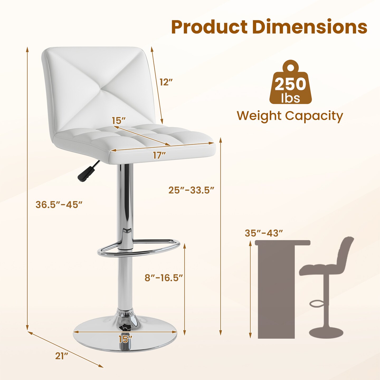 PU Leather Bar Stools Set of 2 with Backrest, Adjustable Height, Modern Design, Comfortable Seating