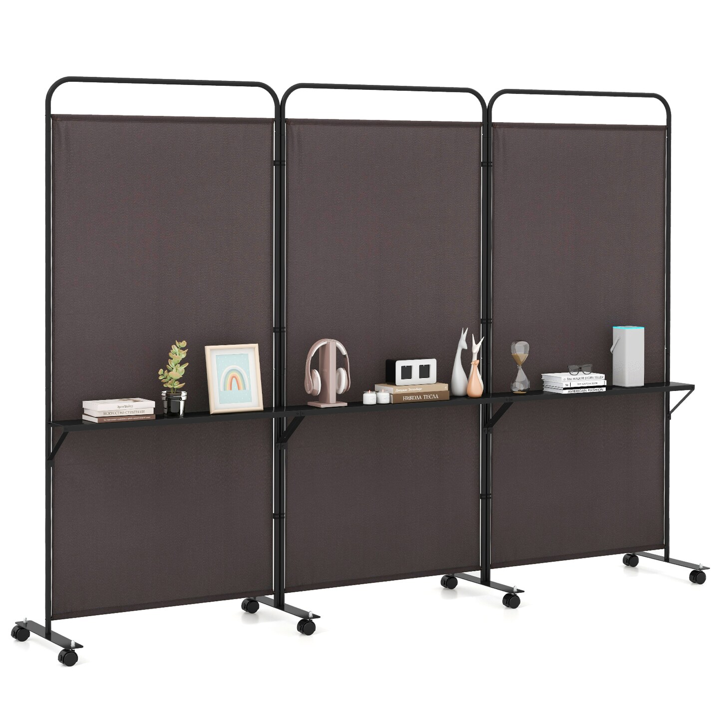 3-Panel Folding Room Divider with 3 Metal Shelves and Lockable Wheels