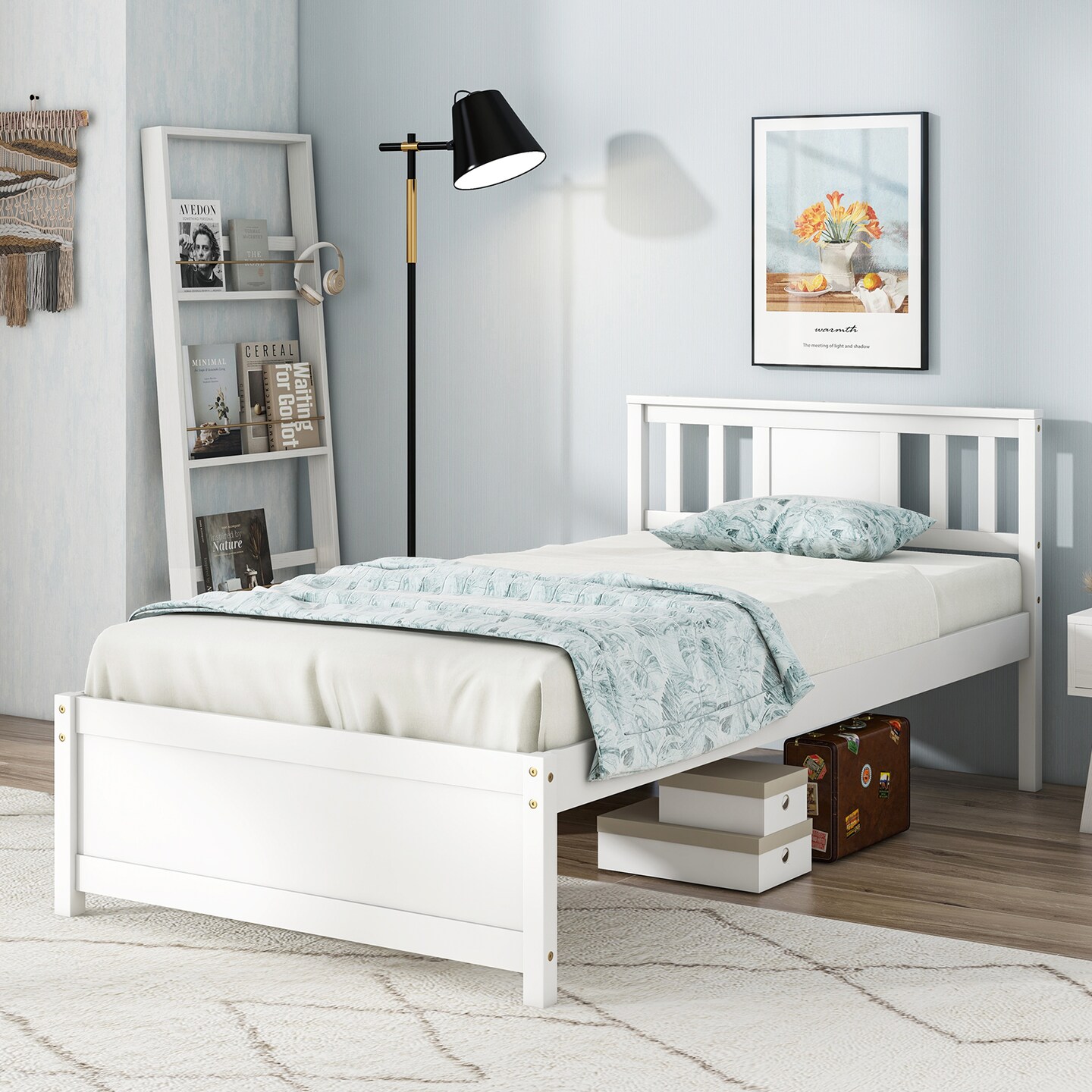 Wooden Platform Bed with Headboard and Wood Slat Support White