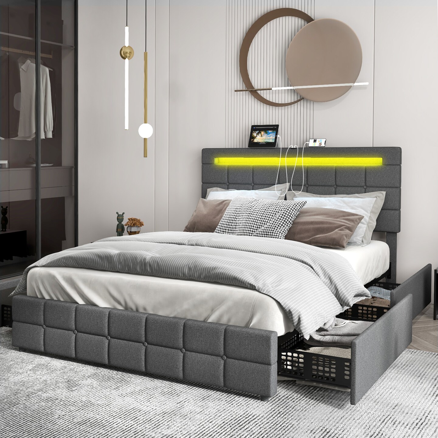 Grey Velvet Upholstered LED Bed Frame with Headboard and Storage Drawers