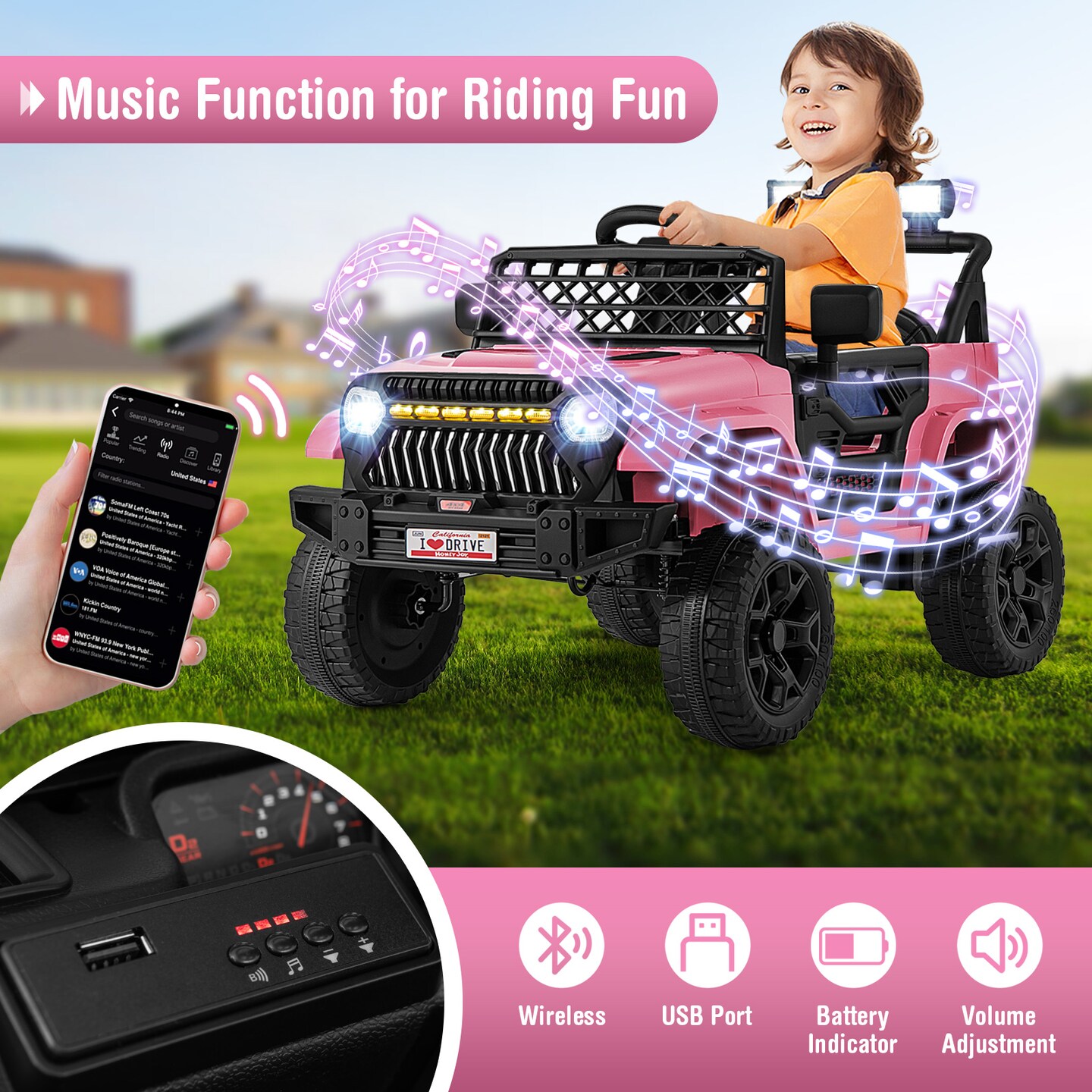 12V Ride-On Truck Car for Kids with Parental Remote, Music Player, and LED Lights