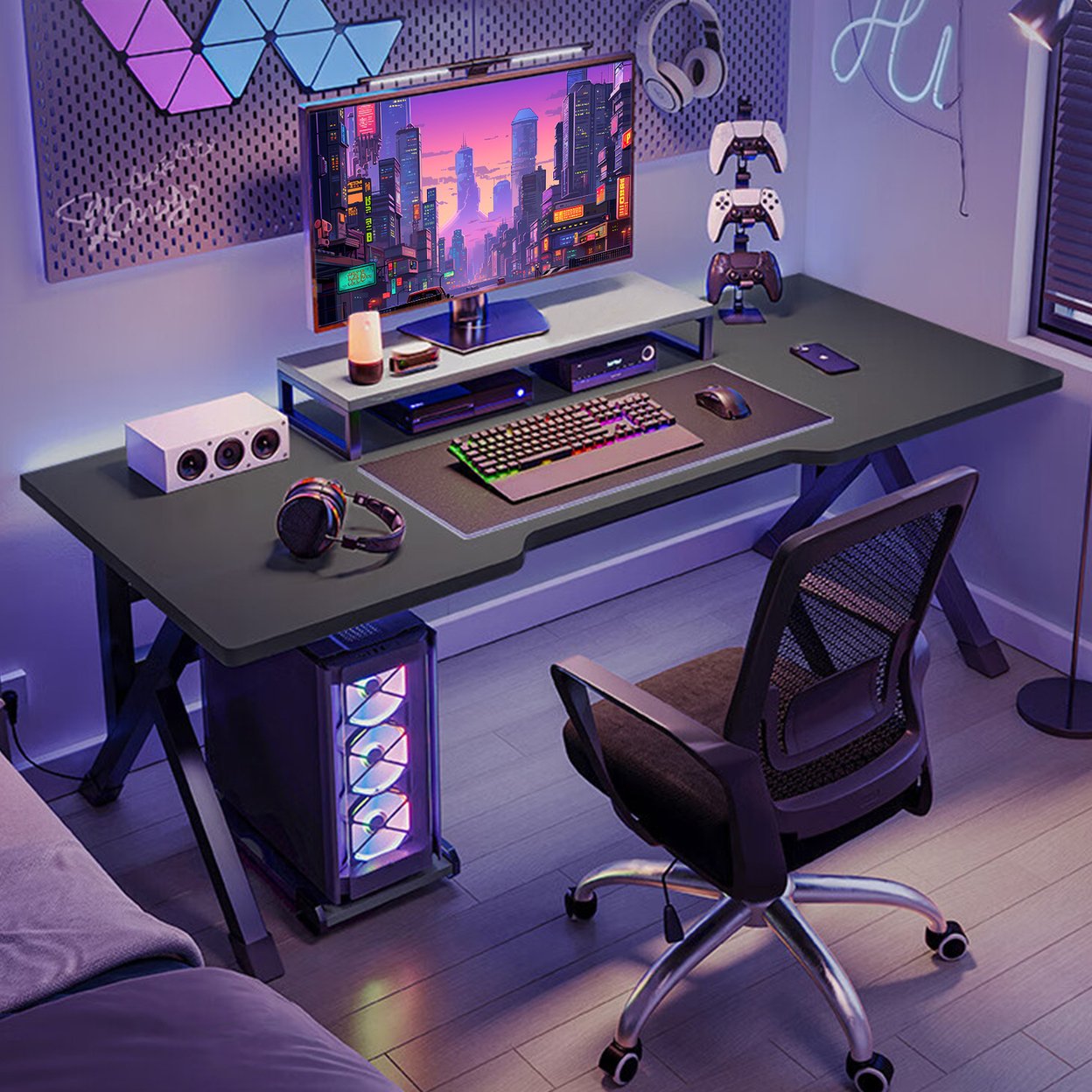 Gaming Desk Ergonomic Computer Game Table With X-Shaped Steel Legs Sturdy Pc Workstation Desk For Home Office With Cable