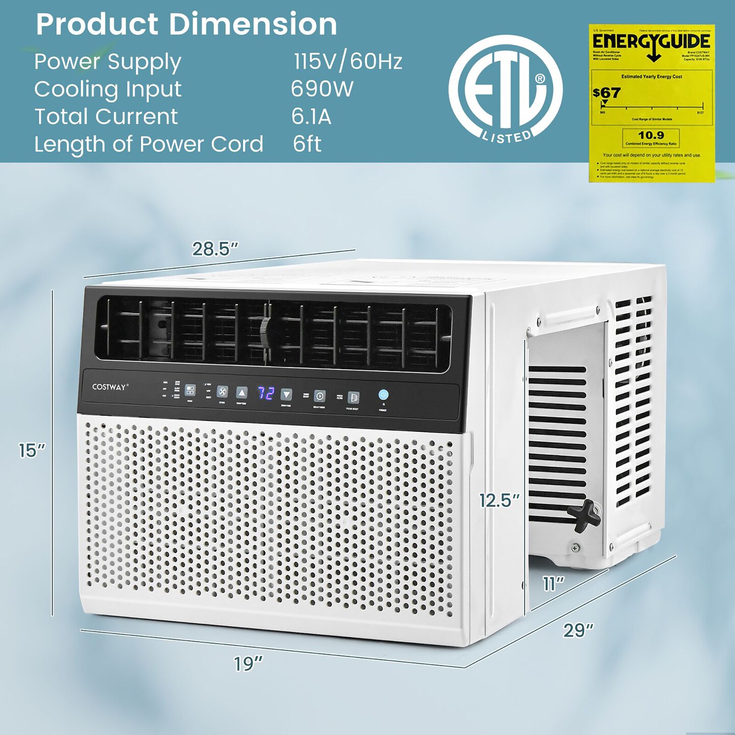Costway 8100 BTU (12000 BTU Ashrae) Window Air Conditioner with Remote, LED Control Panel, up to 400 Sq.Ft.