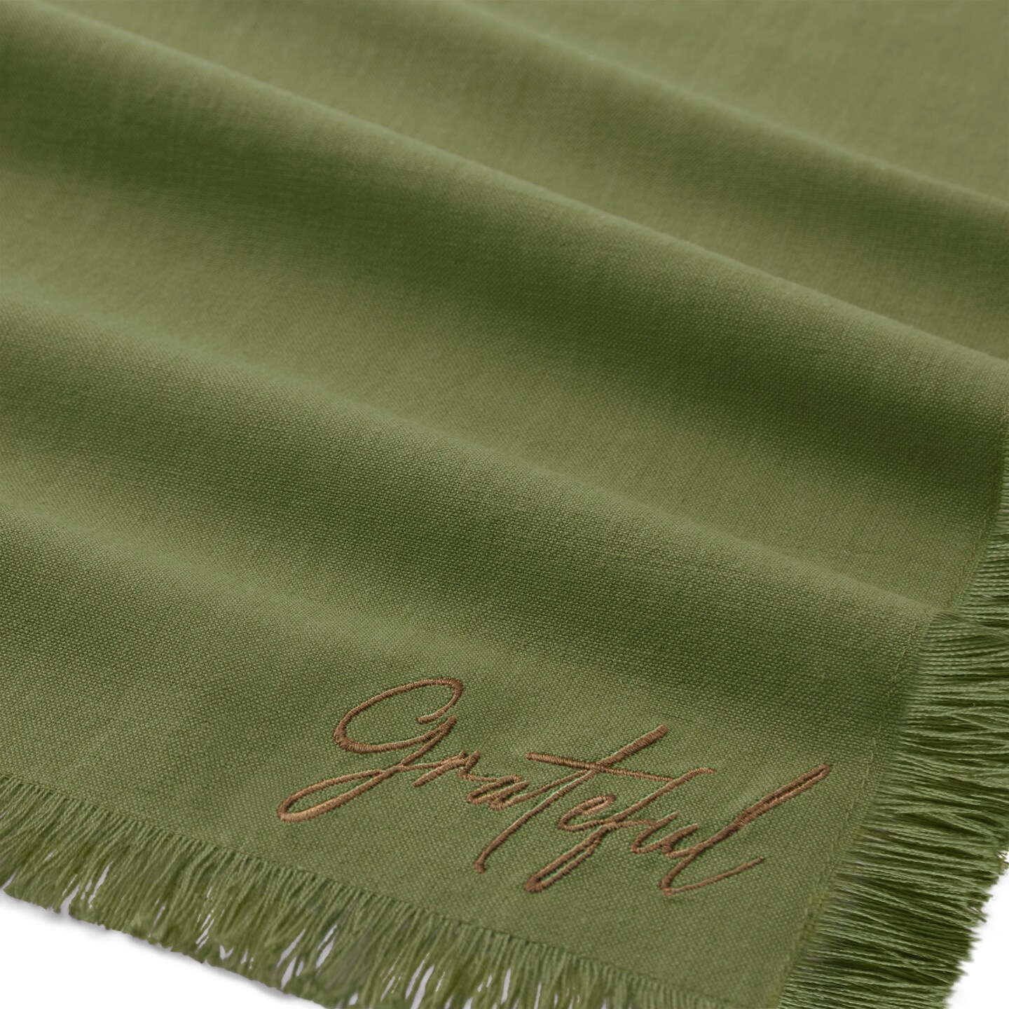 Threadmade Home Fringed Harvest Sentiment Napkins, Set of 4, Olive - 17"W x 17"L