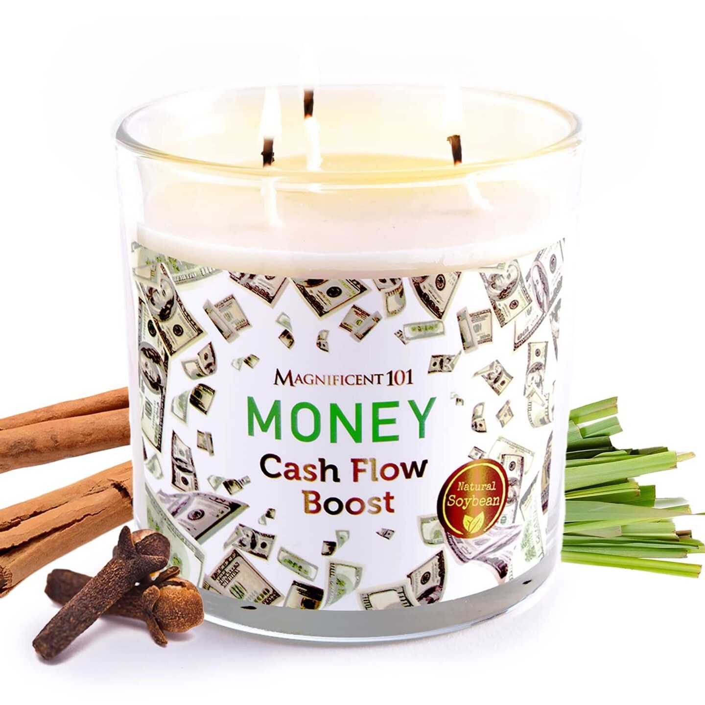 Magnificent 101 Long Lasting Money Smudge Candle with Clove, Cinnamon & Citronella | 14 Oz - 56 Hour Burn | Made of Soy Wax for House Energy Cleansing & Manifestation | Boost Your Cash Flow