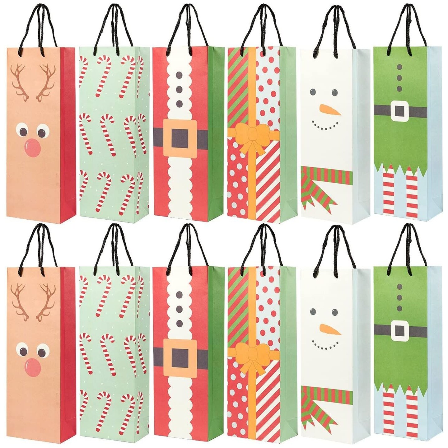 Blue Panda 24 Pack Christmas Wine Gift Bags, 6 Winter Xmas Designs, Christmas Wine Bags for Wine Bottles Present, Winter Holiday Season Gathering Party, 15.3 x 3.2 x 5.5 Inches