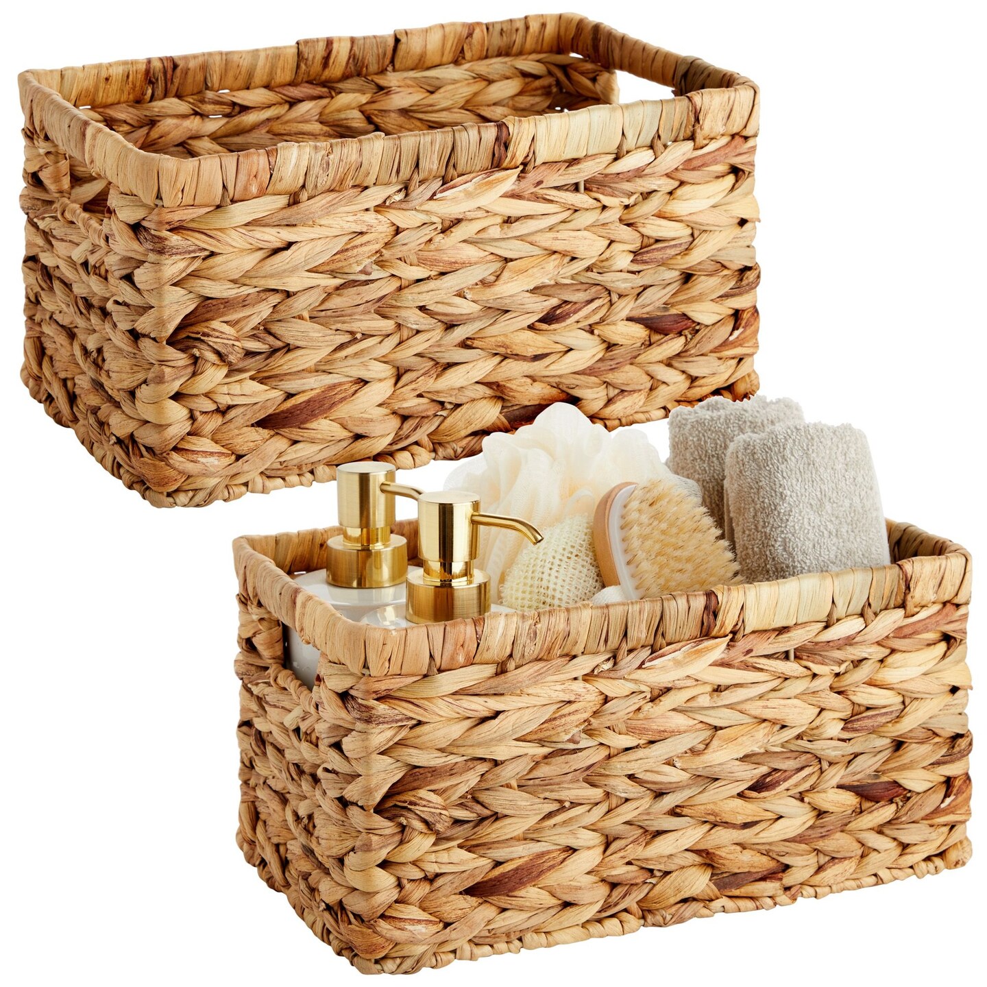 2 Pack Small Rectangular Wicker Baskets for Shelves, 6 Inch Wide Hand Woven Water Hyacinth Baskets for Shelf Organizing, Storage