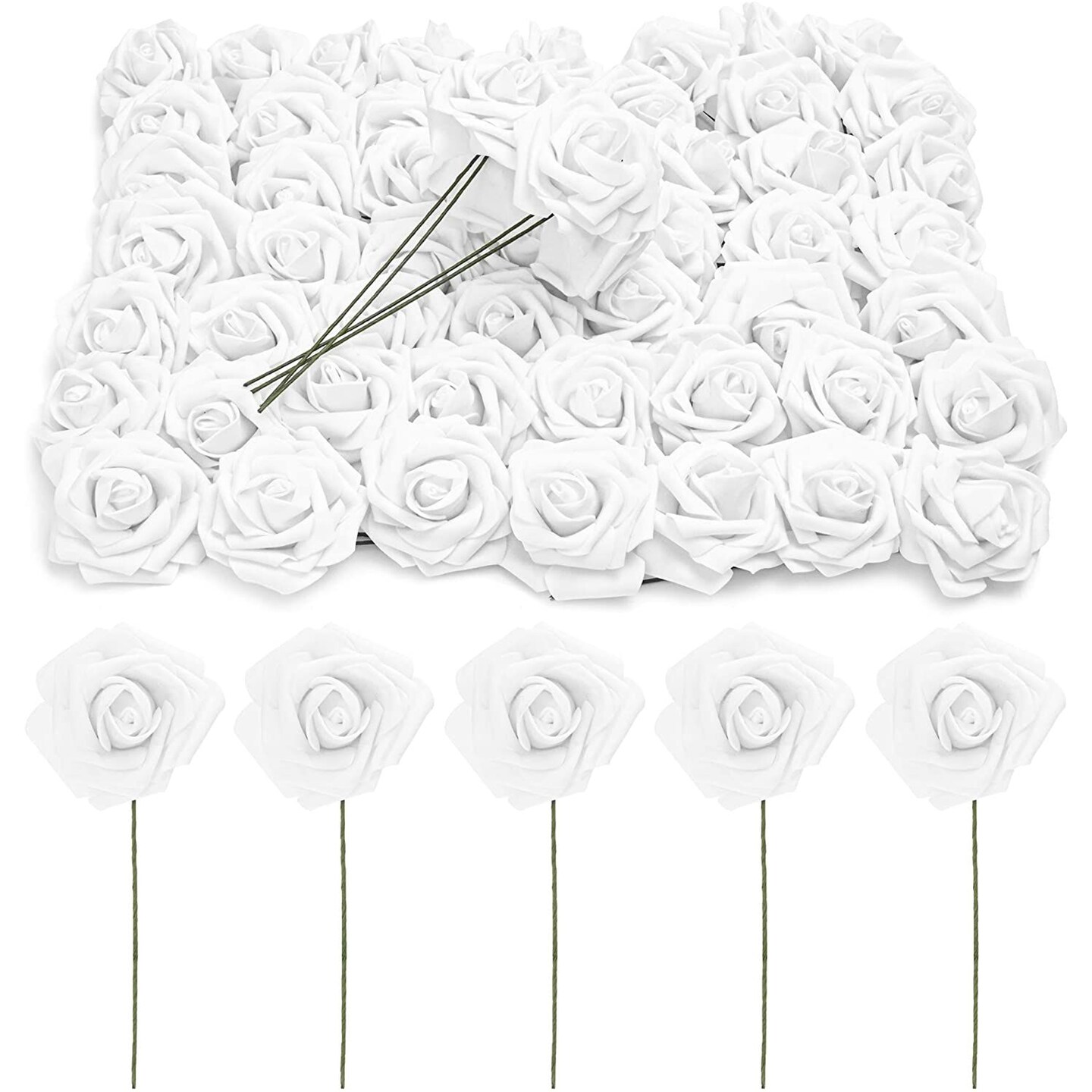 Bright Creations 3&#x22; Artificial Rose Flowers 60pcs Real Looking Fake Rose with Stem for DIY Wedding Bouquets and Bridal Shower, White