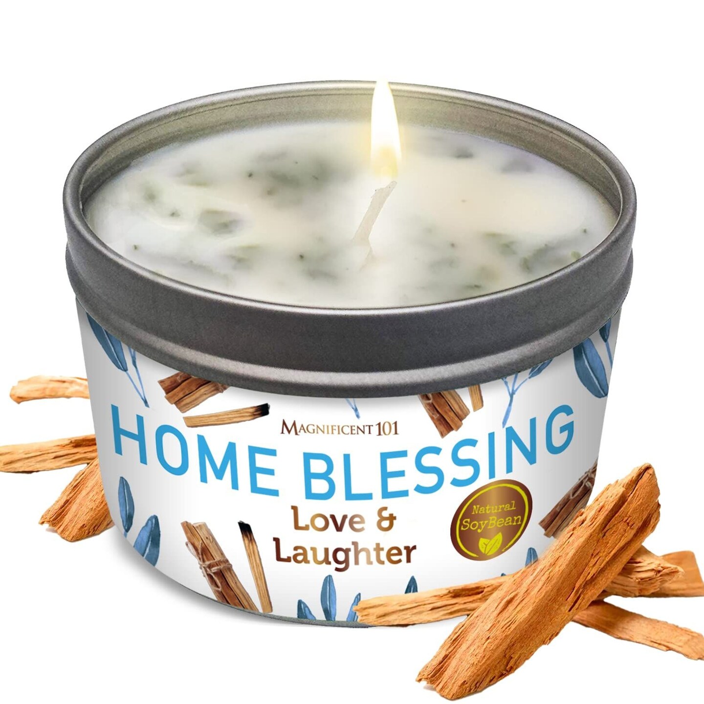 Magnificent 101 Long-Lasting Home Blessing - Love & Laughter Aromatherapy Smudge Candle | 6 Oz - 35 Hour Burn | All Natural Soy Wax, Sage, Bergamot & Sandalwood | Meditation & Manifestation